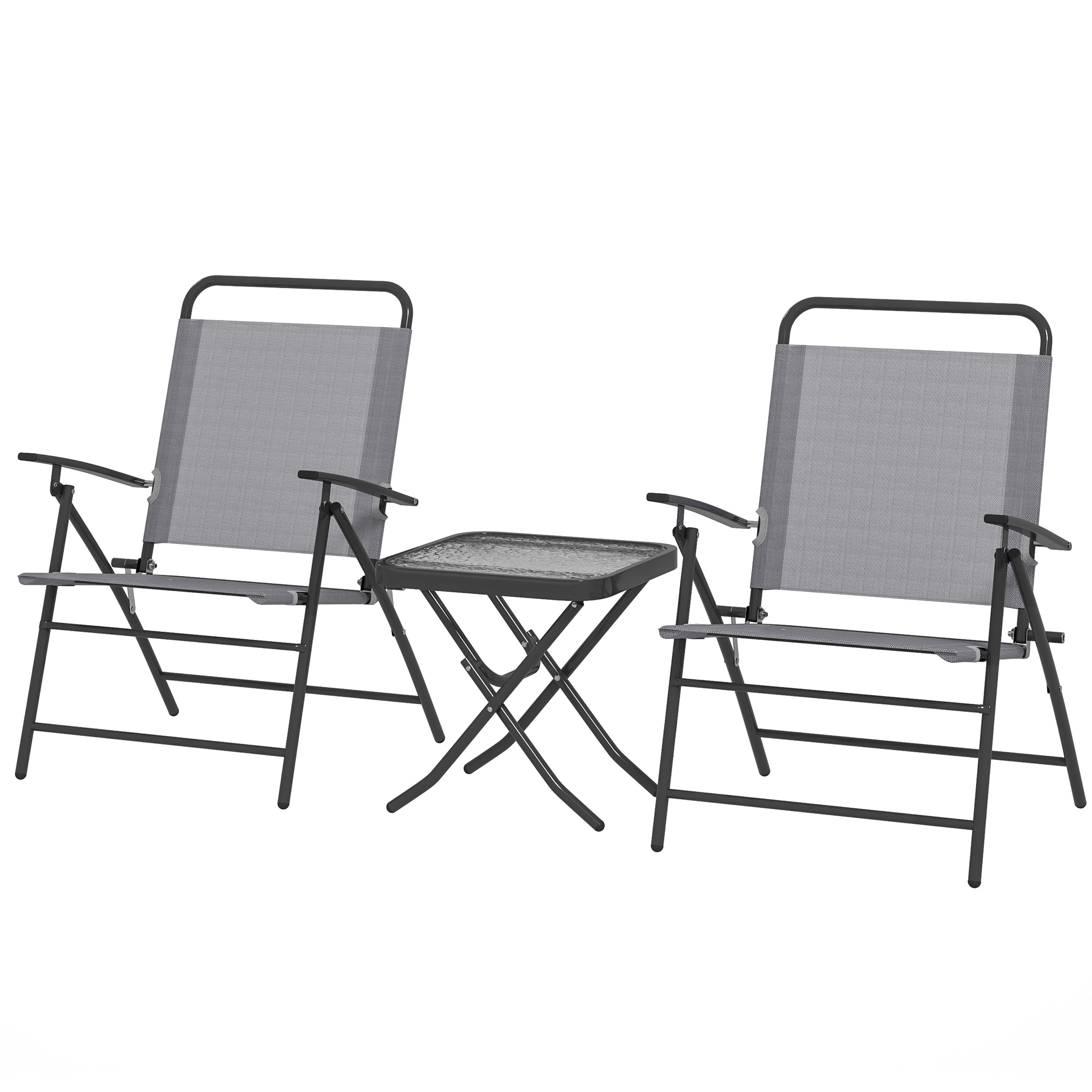 Outsunny Ensemble de Jardin avec Table avec Plateau en Verre et 2 Chaises Pliables avec Dossier Réglable, Gris