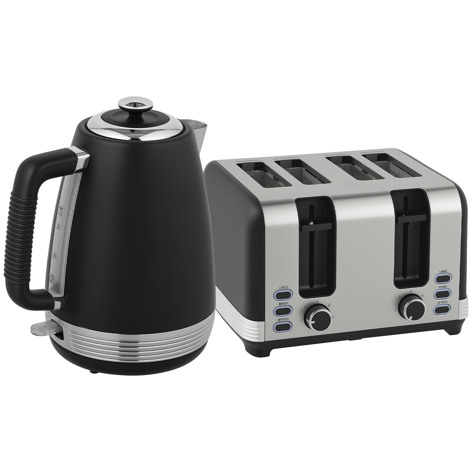 HOMCOM Stainless Steel Kettle and Toaster Set, 1.7L 3000W Rapid Boil Jug Kettle with UK Strix Thermostat, Limescale Filter, 4 Slice Toaster with 7 Browning Controls, Crumb Tray, Black and Silver Tone