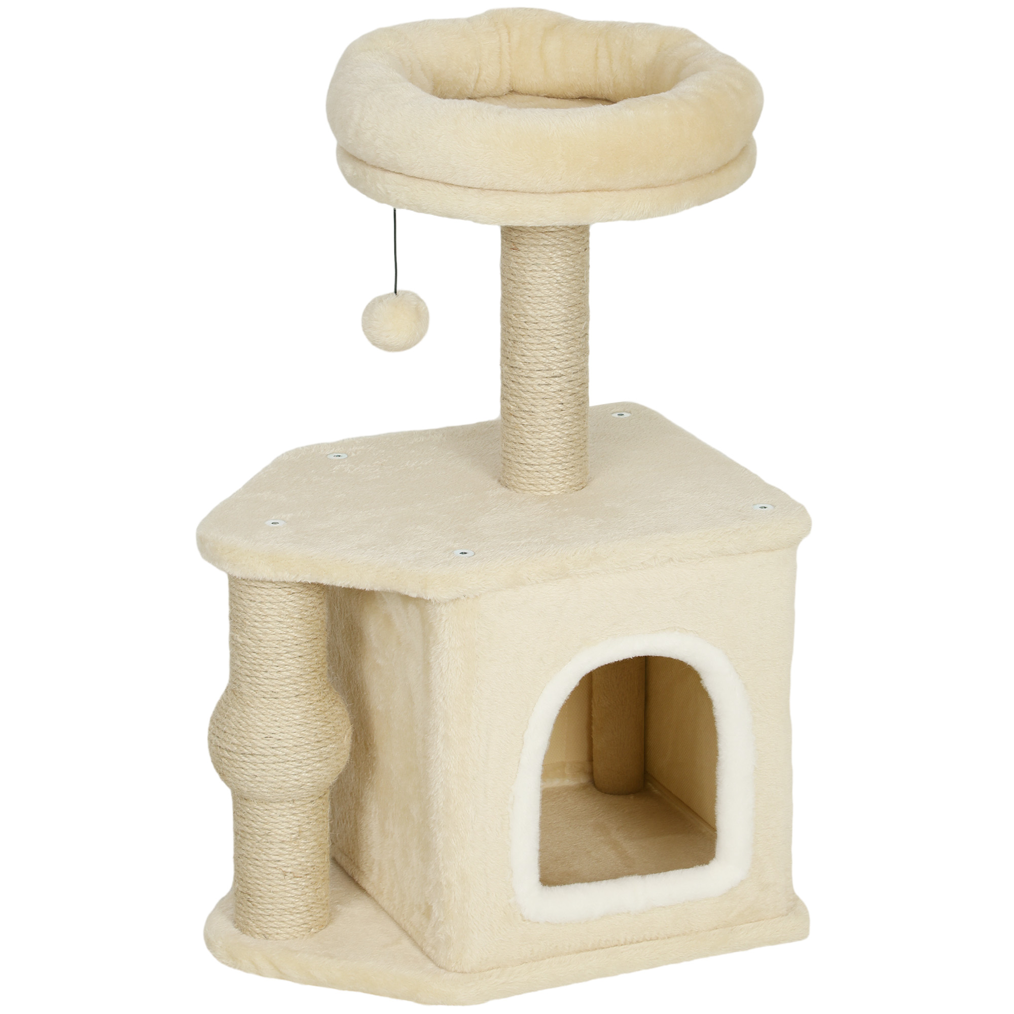 PawHut Árbol para Gatos Altura 66 cm Torre para Gatos con Cama Cueva Plataforma Bola Colgante y Poste de Yute Beige