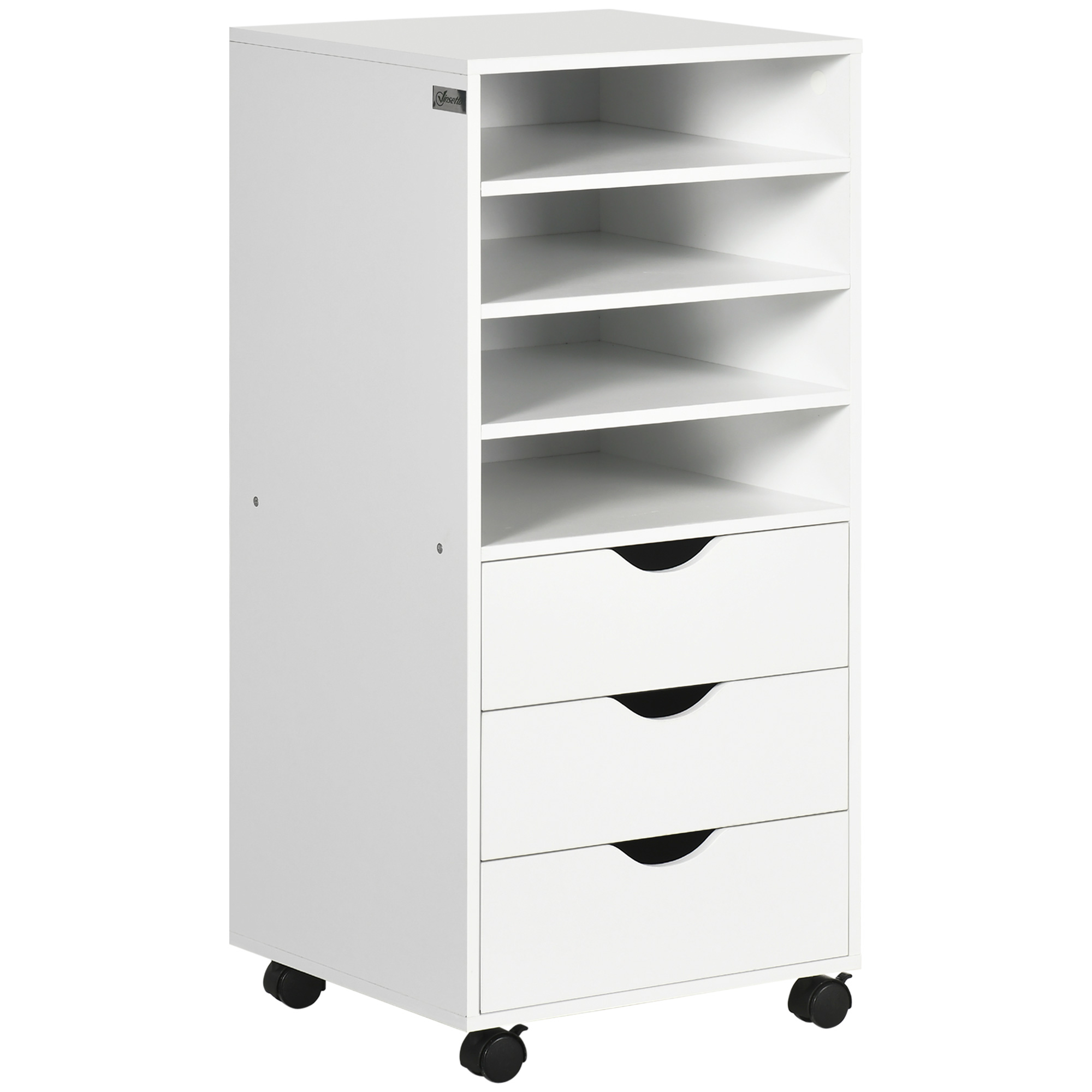 Chariot de bureau Vinsetto avec 4 roues, 4 étagères, 3 tiroirs, classeur de documents en bois MDF, 38x40x86,8 cm, blanc Chariot de bureau Vinsetto avec 4 roues, 4 étagères, 3 tiroirs, classeur de documents en bois MDF, 38x40x86,8 cm, blanc