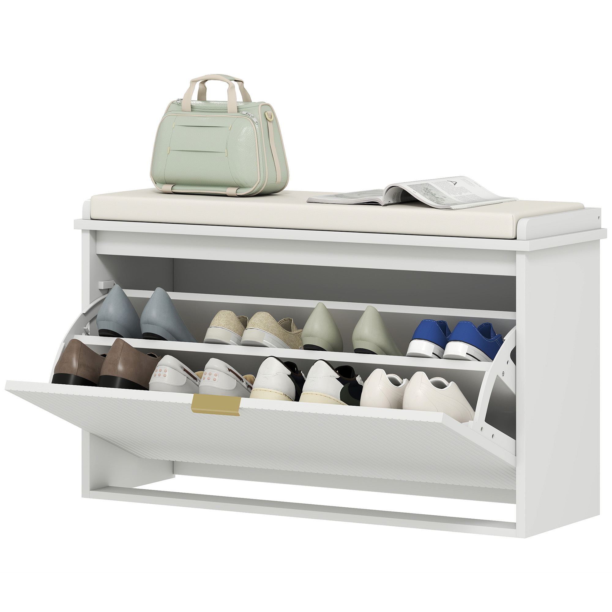 HOMCOM Banc à Chaussures avec Étagère Interne, en Bois et Tissu Effet Lin, 80x26x47.5 cm, Blanc et Beige