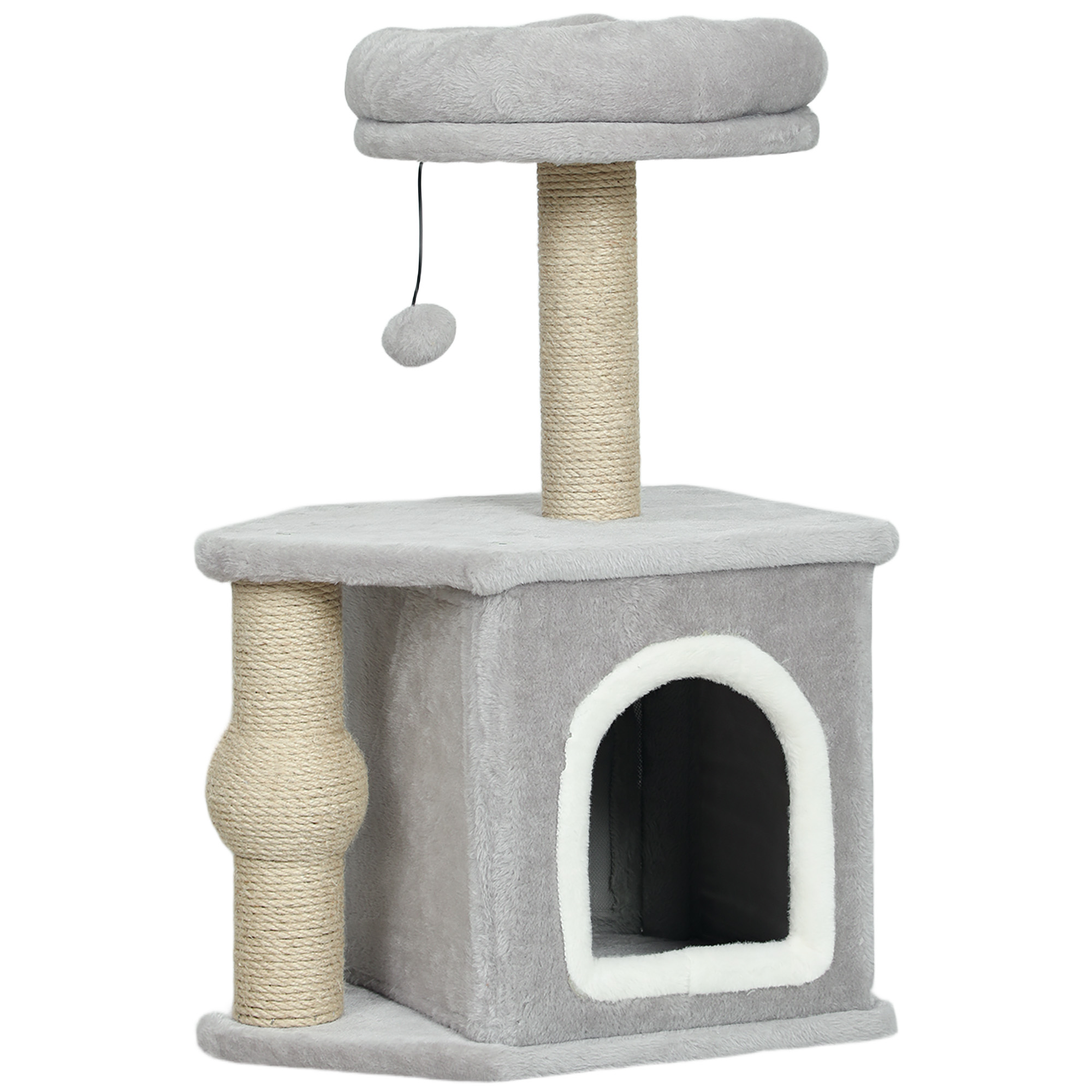 PawHut Árbol para Gatos Altura 66 cm Torre para Gatos con Cama Cueva Plataforma Bola Colgante y Poste de Yute Gris Claro