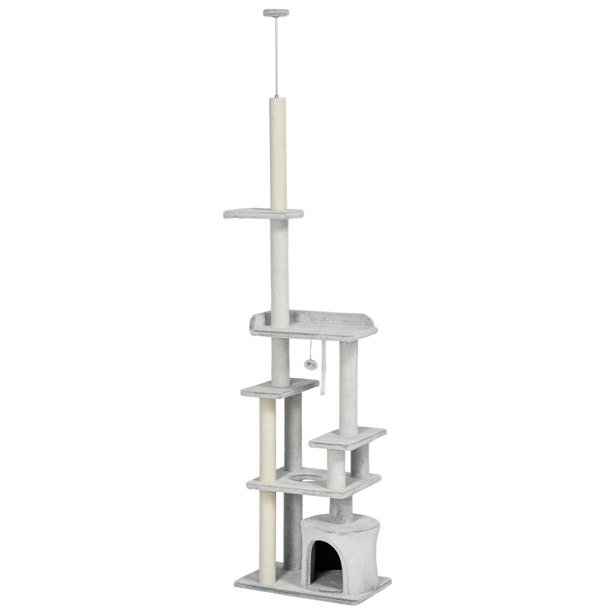 PawHut Albero Tiragraffi per Gatti a Soffitto con Piattaforme e Casetta, 60x40x225-255cm, Grigio Aosom