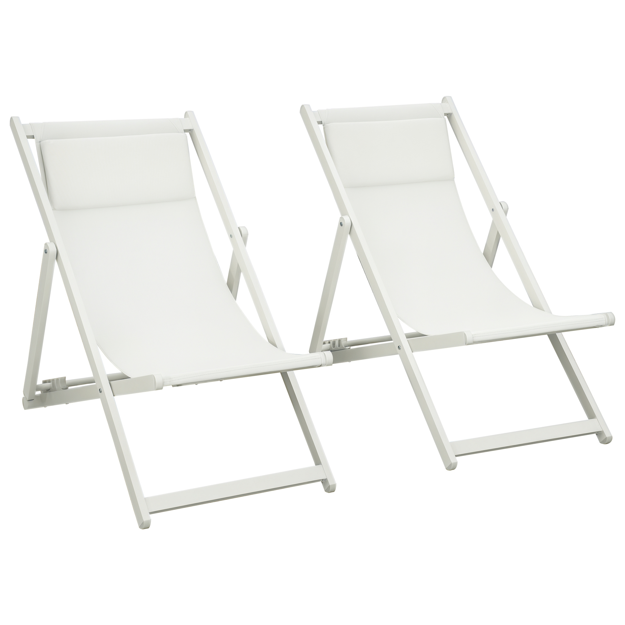 Outsunny Tumbonas de Jardín Conjunto de 2 Plegable con Respaldo Regulable en 5 Posiciones Reposacabezas Acolchado 58x96,5x91,5cm Blanco | Aosom España