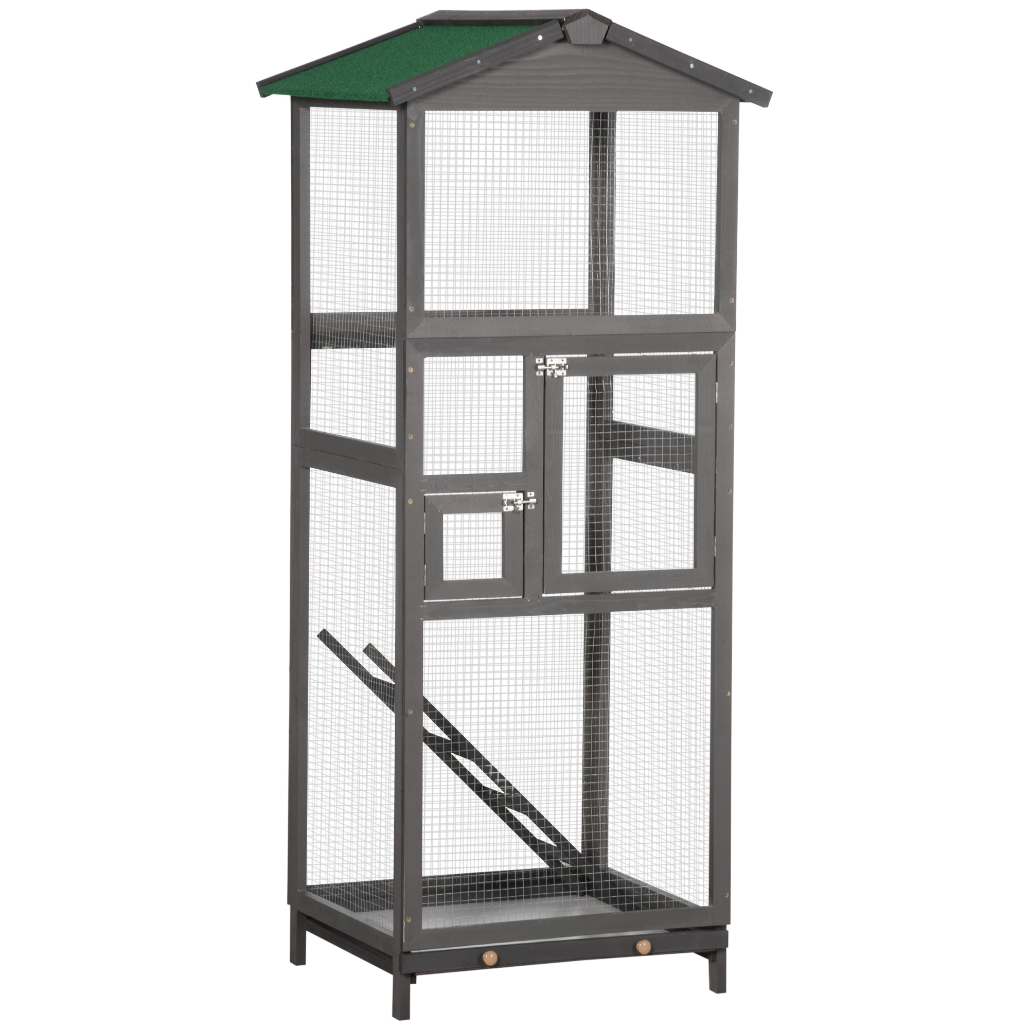 PawHut Cage à oiseaux volière en bois massif grande taille 2 portes toit asphalte tiroir amovible 68 x 63 x 165 cm gris
