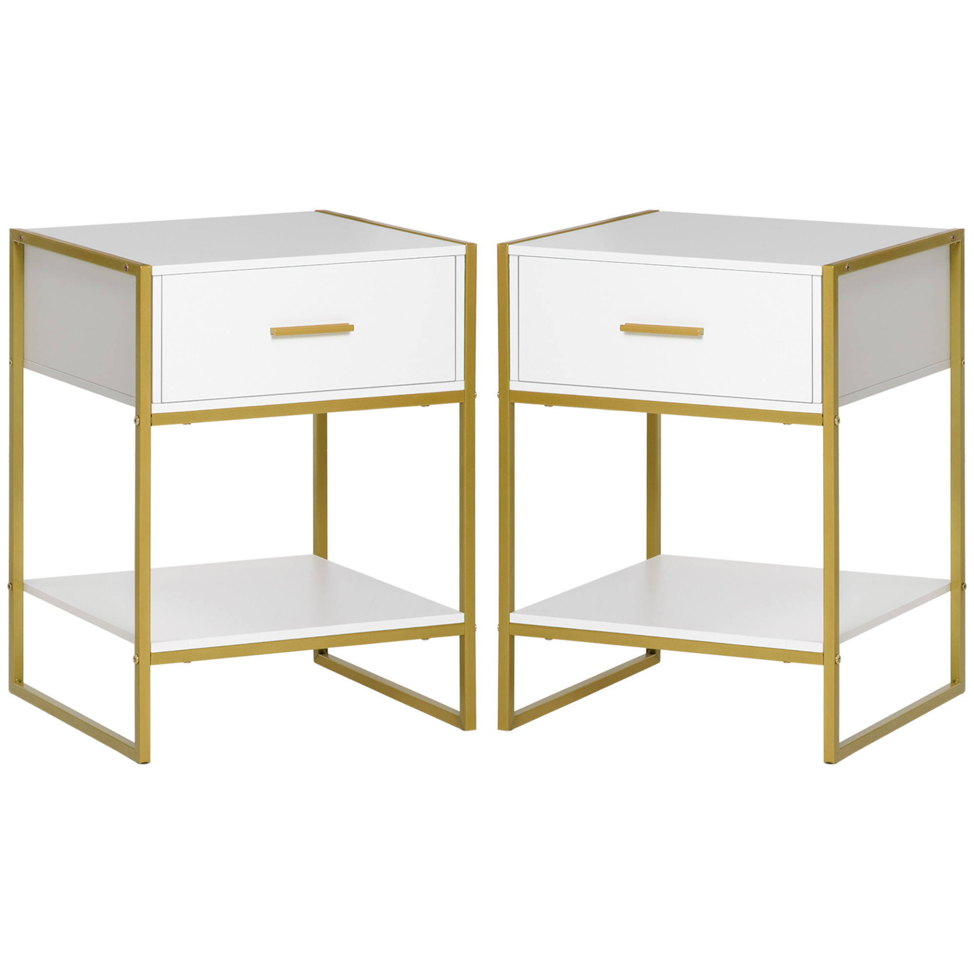 HOMCOM Ensemble de 2 Tables de Chevet Modernes avec Tiroir et Étagère Ouverte en MDF et Acier, 45x40x60cm, Blanc et Or