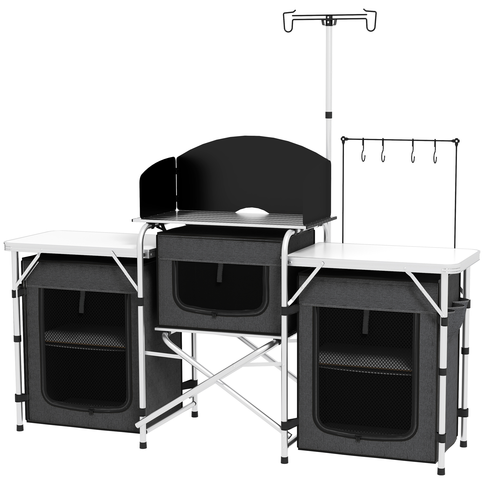 Outsunny Cuisine de Camping Pliante à 3 Étages avec 5 Étagères Intérieures et 4 Crochets, 172x48x119 cm, Noir