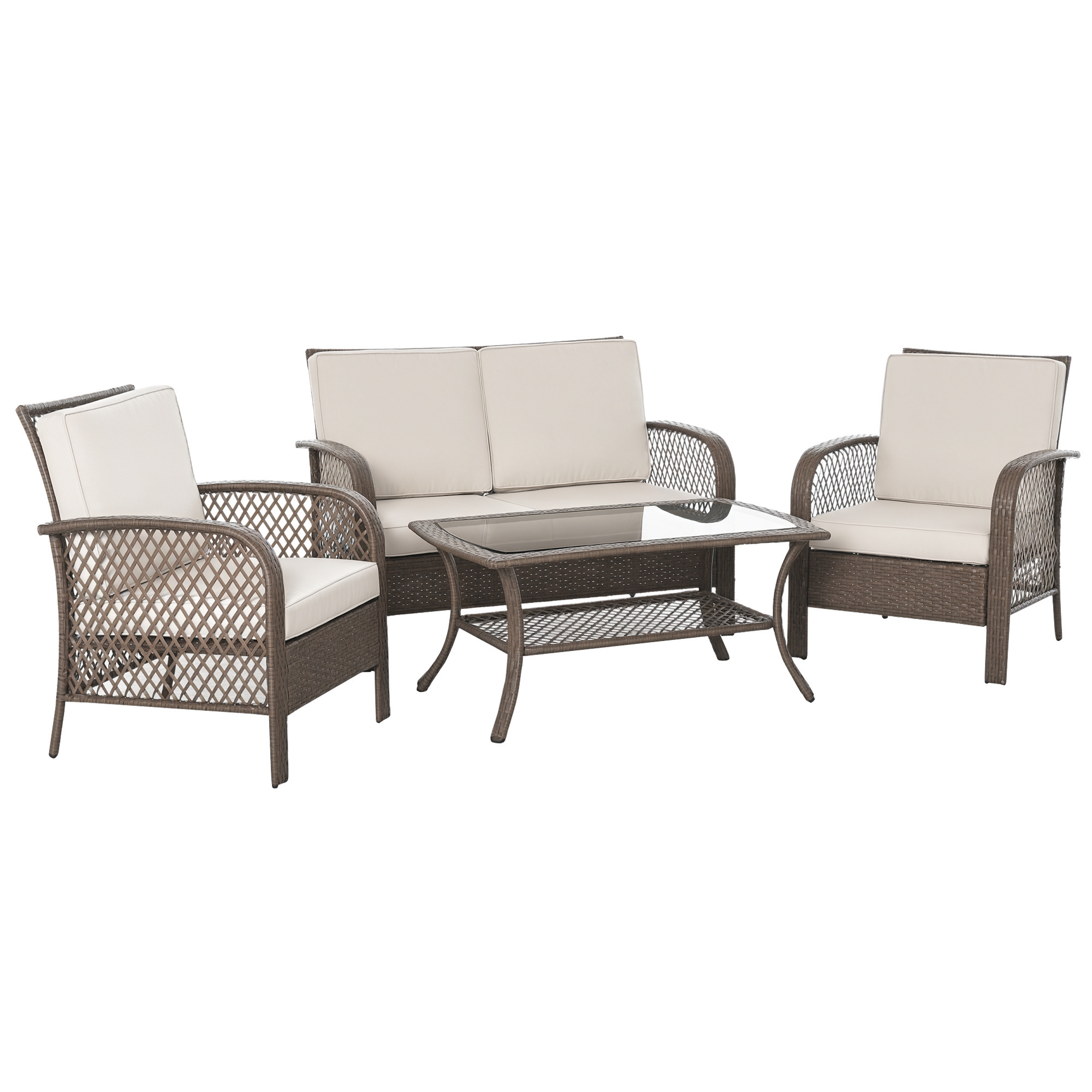 Outsunny Set Mobili da Giardino Rattan Marrone, Tavolino + Sedie + Divano 4Pz, Cuscini Imbottiti Cachi, Stile Elegante Aosom
