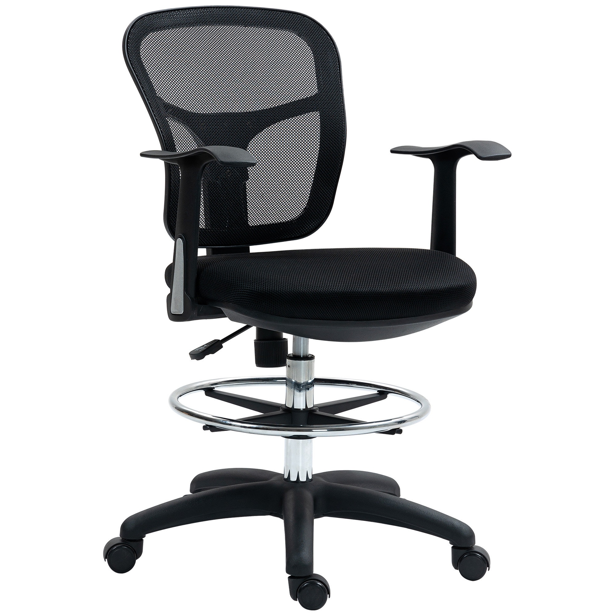 Chaise Pivotante avec Anneau Repose-Pieds et Dossier Courbé, en Polyester, Mousse et Plastique, Noir