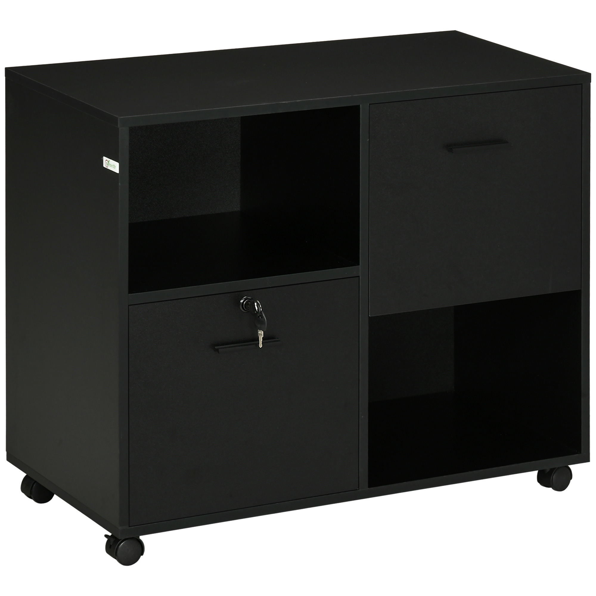 Vinsetto Meuble de Bureau avec 2 Tiroirs pour Documents et Étagères, Roulettes avec Verrou, 80x40x66cm, Noir