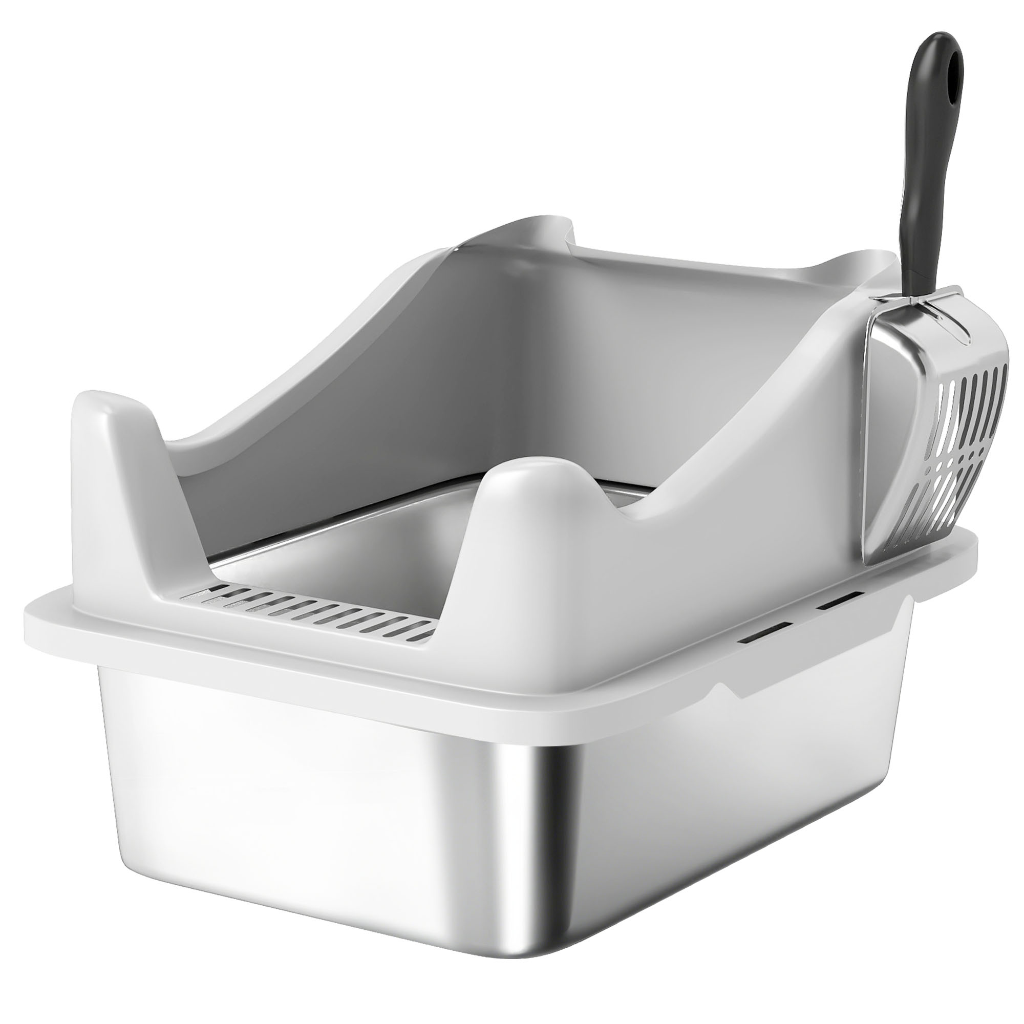 PawHut Stainless Steel Litter Box with Detachable Rim, Scoop, Easy Cleaning, Odour-Resistant, 60 x 40 x 28 cm