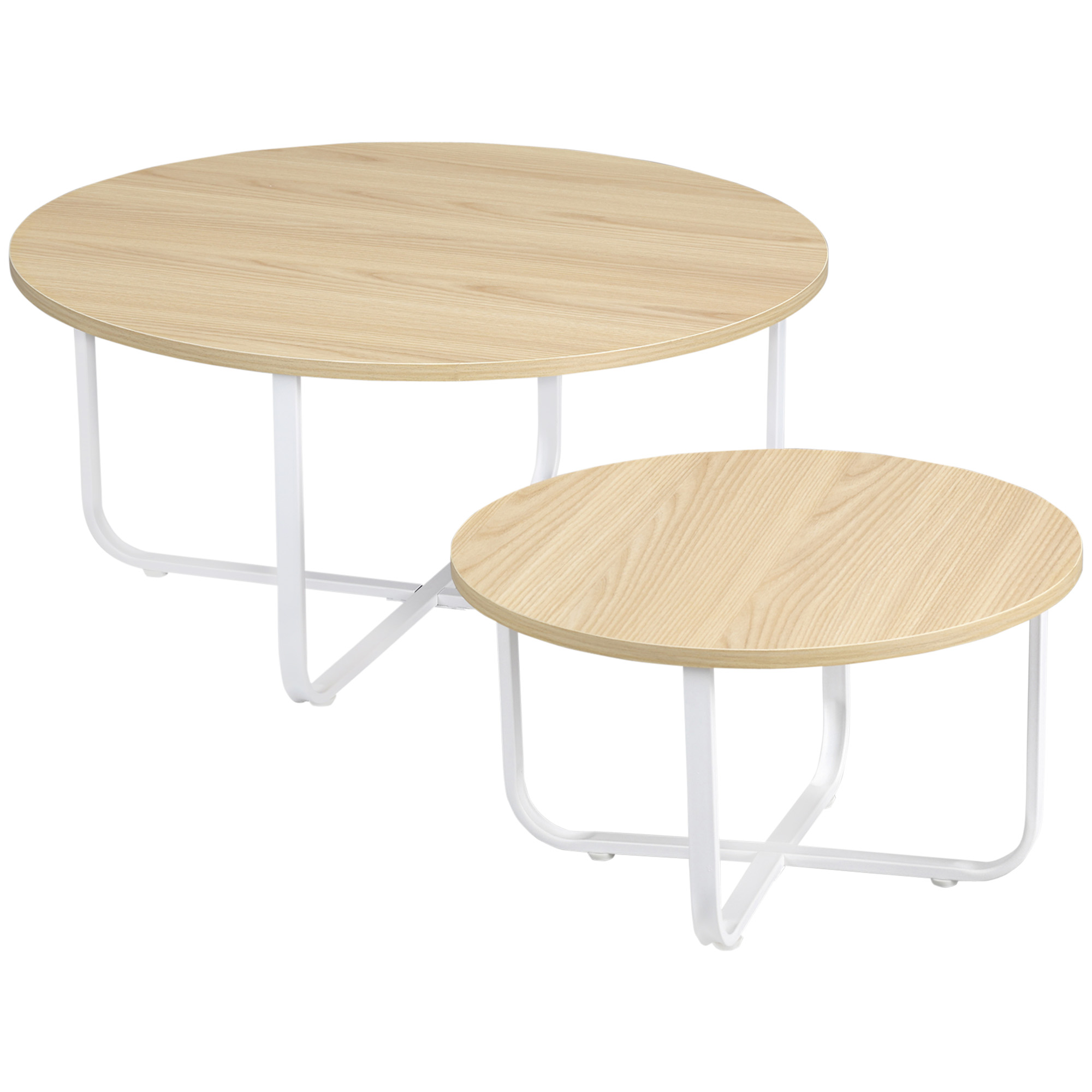 HOMCOM Juego de 2 Mesas de Centro Ø65x32 cm y Ø45x26 cm con Encimera de Madera y Patas de Metal Natural y Blanco | Aosom España
