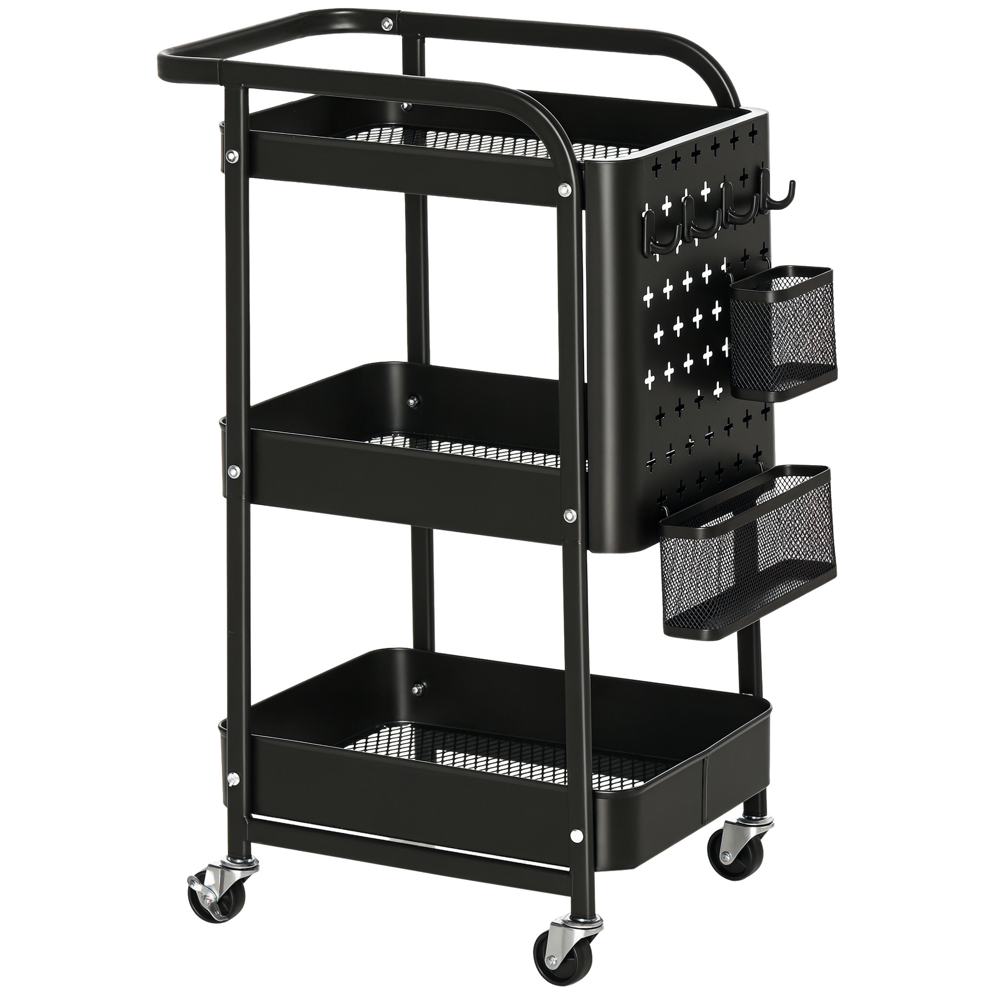 Homcom Desserte Chariot Métal Noir Roulettes 3 Niveaux Range-Couverts 4 Crochets Cuisine Aosom France