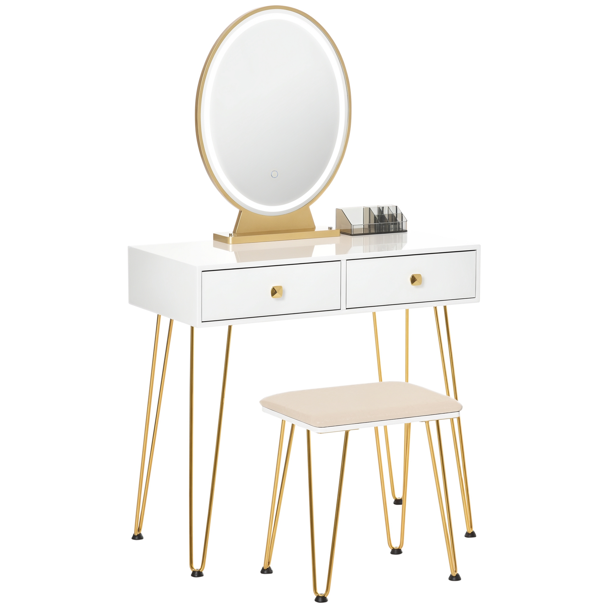 HOMCOM Specchiera Trucco Luci a LED Regolabili in Stile Industriale Tavolo per Trucco con Sgabello Mobile Toeletta Bianco