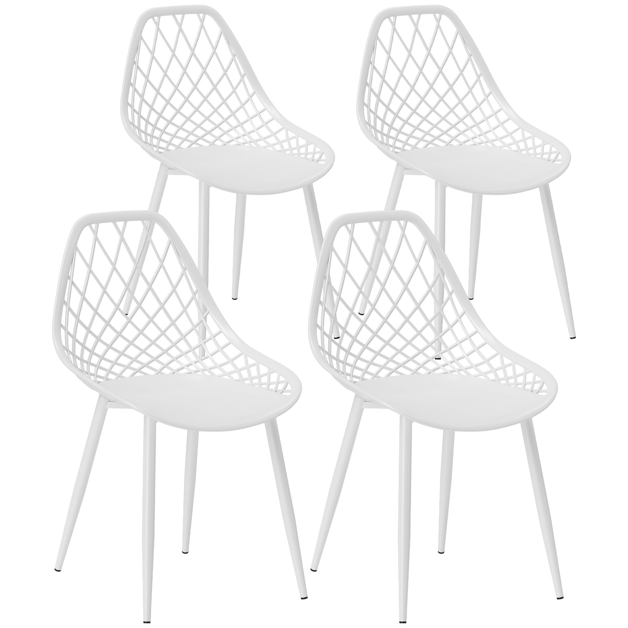 Set 4 Chaises de Salle à Manger Modernes avec Dossier Ajouré en Plastique et Pieds en Métal, Blanc