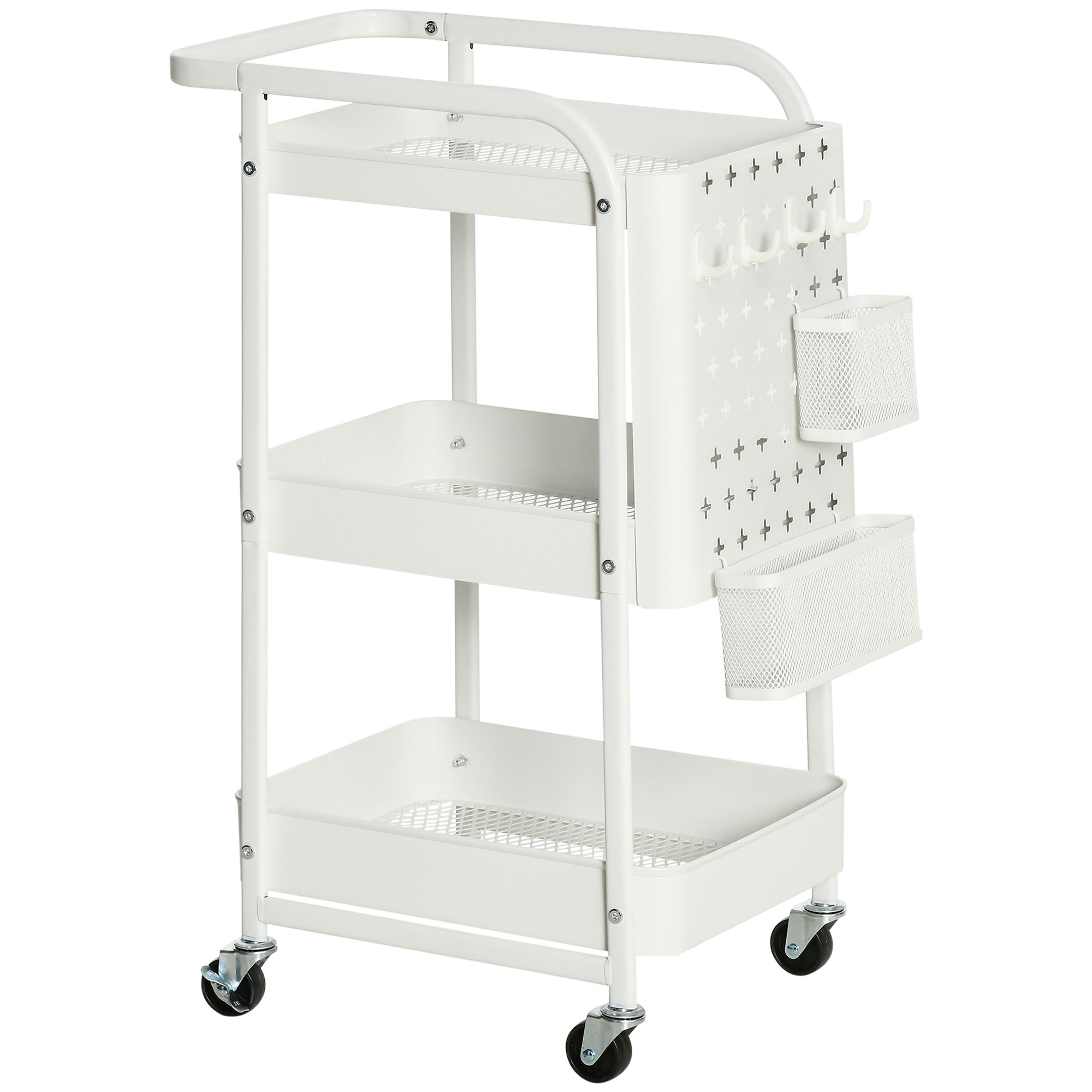 HOMCOM Carrito de Cocina con Ruedas Carro de Almacenamiento 3 Niveles 4 Ganchos Asa 2 Cestas Colgantes y Frenos 51,5x32x75,6 cm Blanco | Aosom España