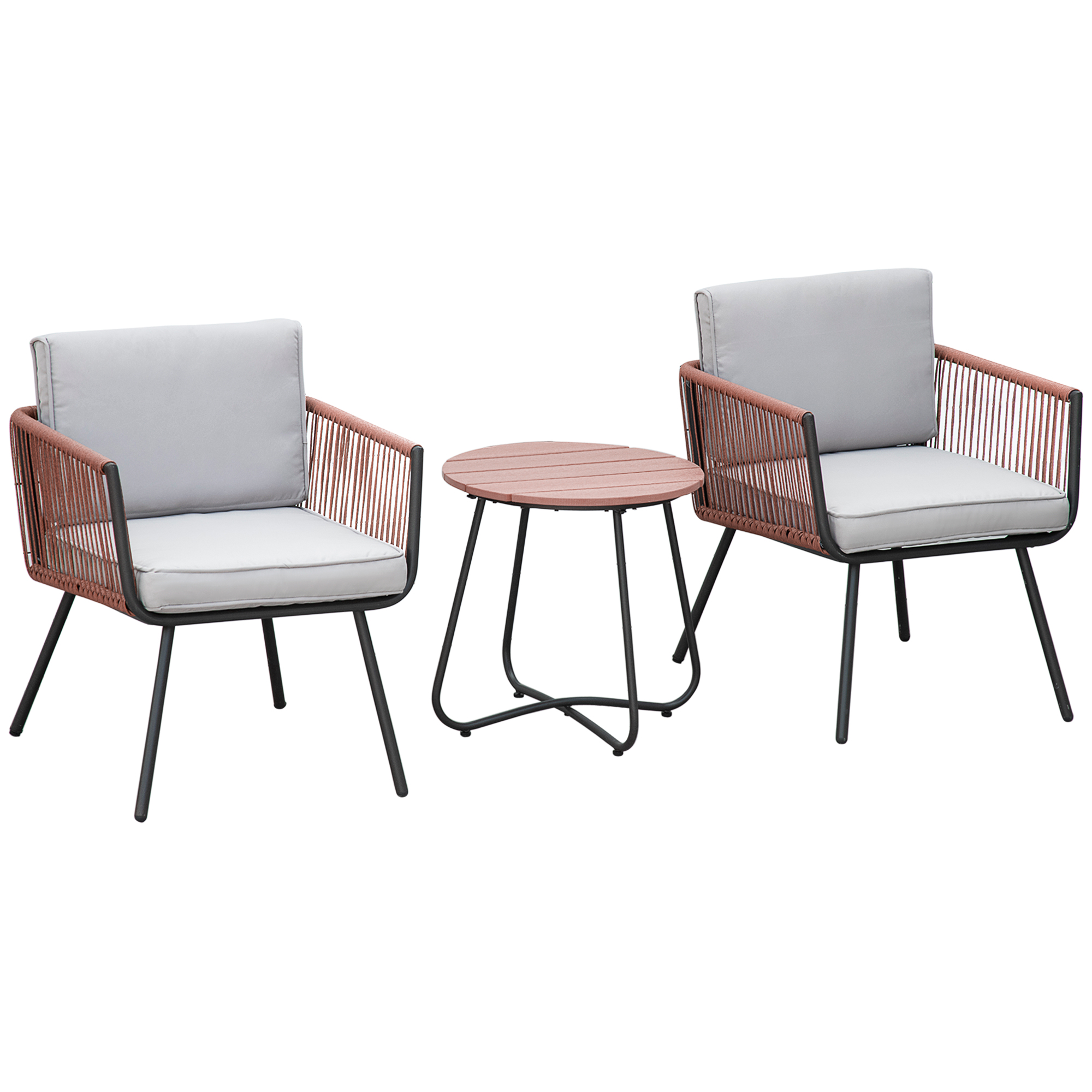 Outsunny Set Muebles de Jardín Ratán 3 Piezas Mesa y Sillones Acolchados Diseño Moderno Exterior Teca y Gris | Aosom España