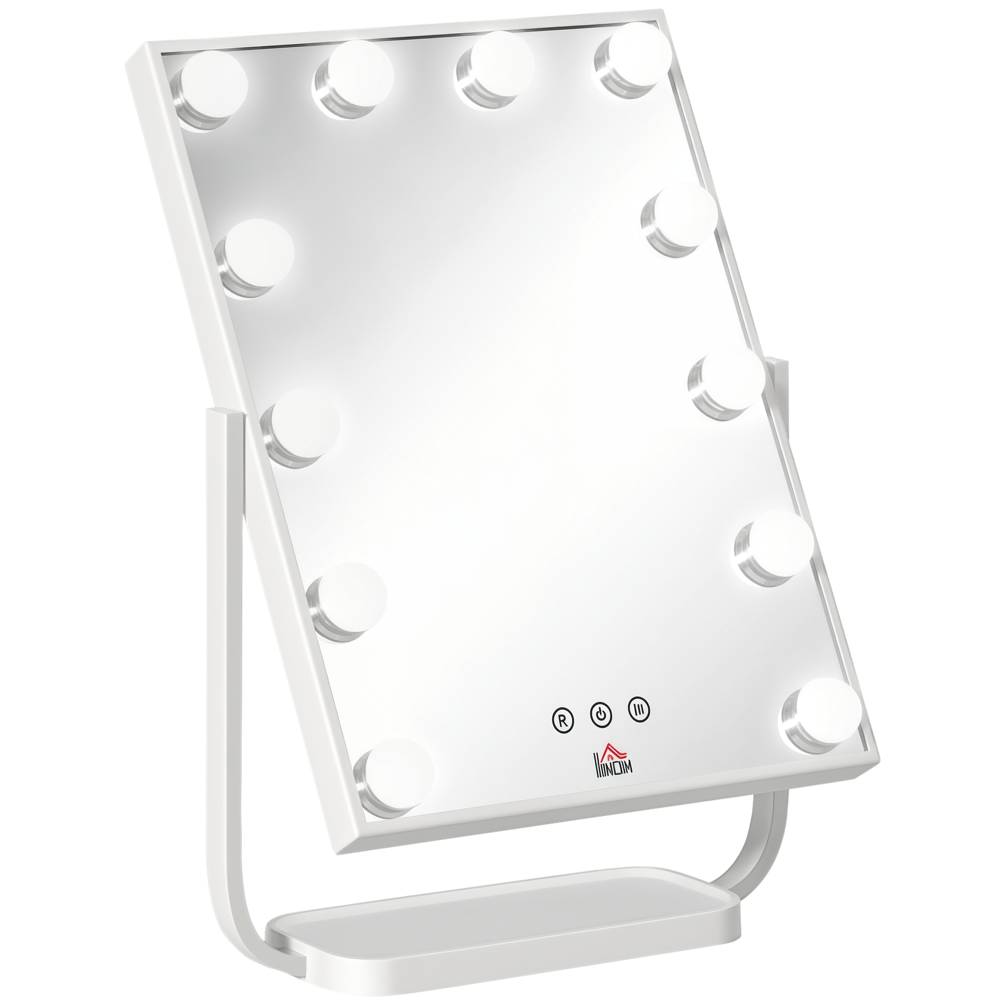 Image of HOMCOM Specchio per Trucco Illuminato Stile Hollywood Inclinabile, Specchio da Tavolo con 12 Luci LED Luminosità Regolabile, Bianco Aosom006