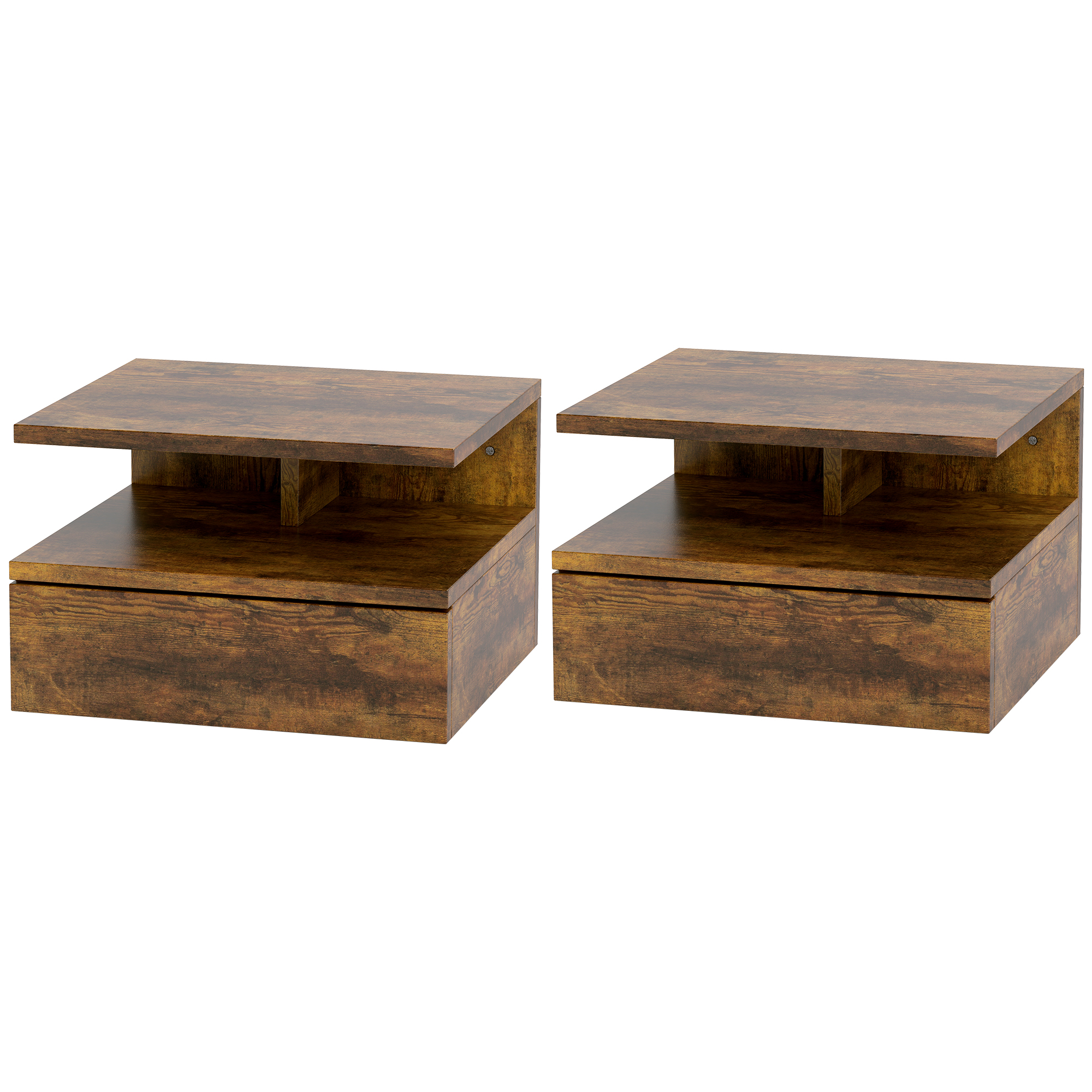 HOMCOM Set de 2 Tables de Chevet Suspendues pour Chambre à Coucher avec Tiroir et Étagère en Bois 35x32x22.5cm, Marron