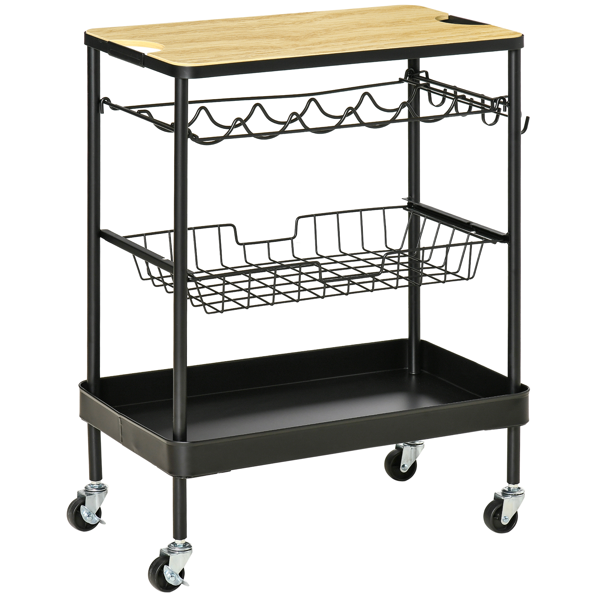 HOMCOM Carrito de Cocina con Ruedas, Multiuso, Botellero, Cesta Extraíble, Bandeja, 4 Ganchos 60,5x35,5x75 cm Negro y Roble | Aosom España