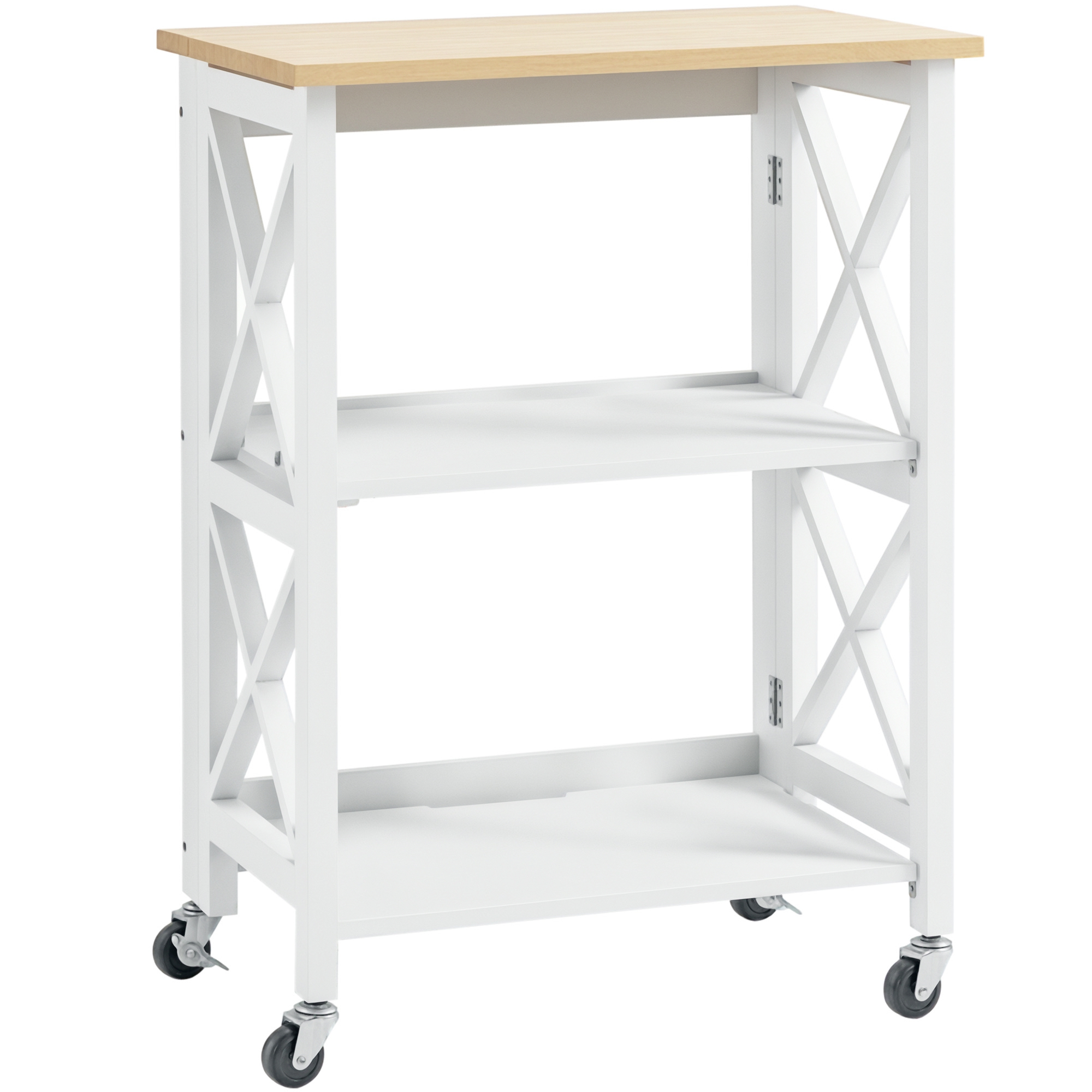 HOMCOM Chariot de service desserte de cuisine à roulettes pliante avec 2 étagères, plan de travail en bois hévéa - 60 x 40 x 84 cm - blanc
