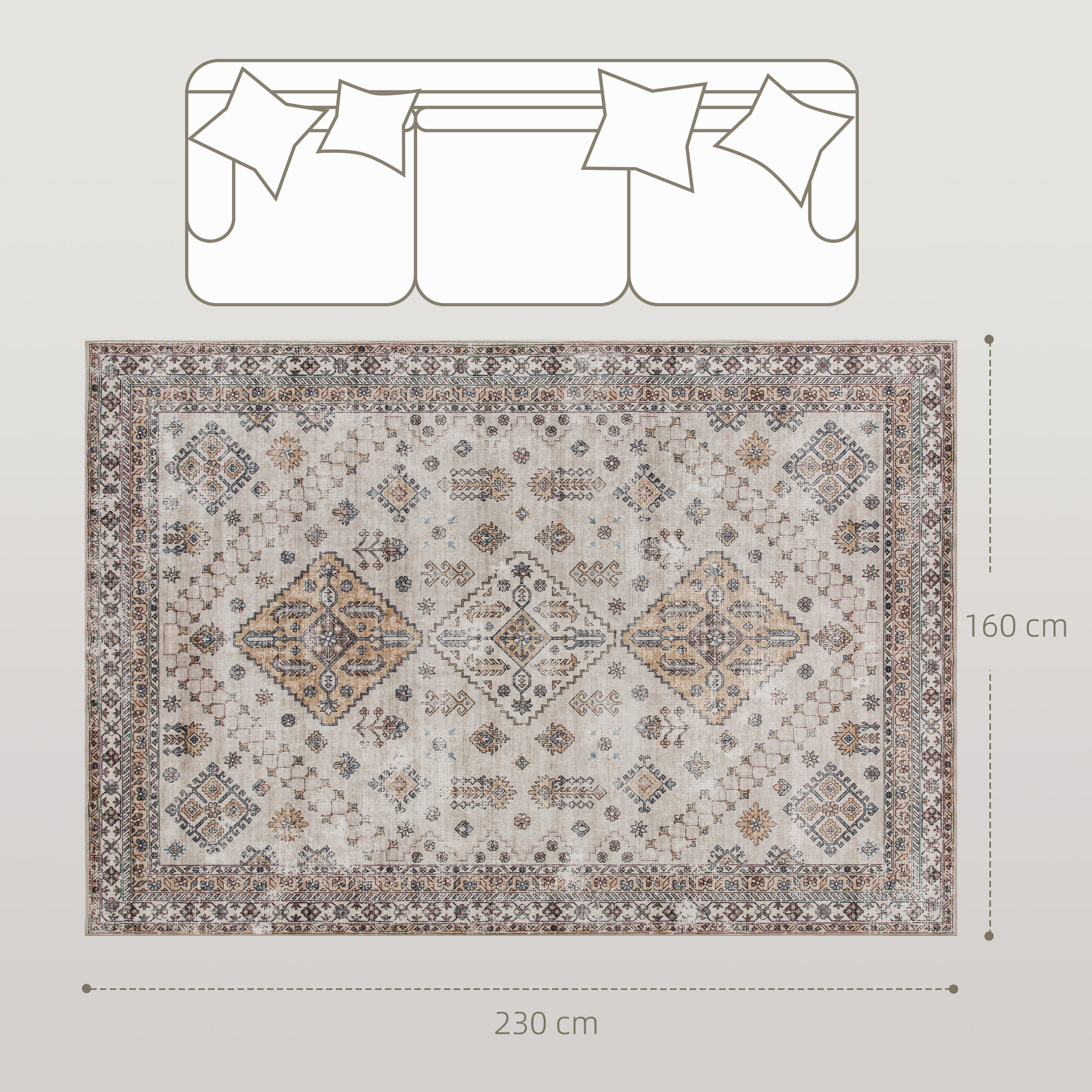 HOMCOM Vintage Area Rug, Non-Slip Washable Rug, Flannel Floor Carpet for Living Room, Bedroom, Dining Room, Home Office, 230 x 160 cm, Beige 3