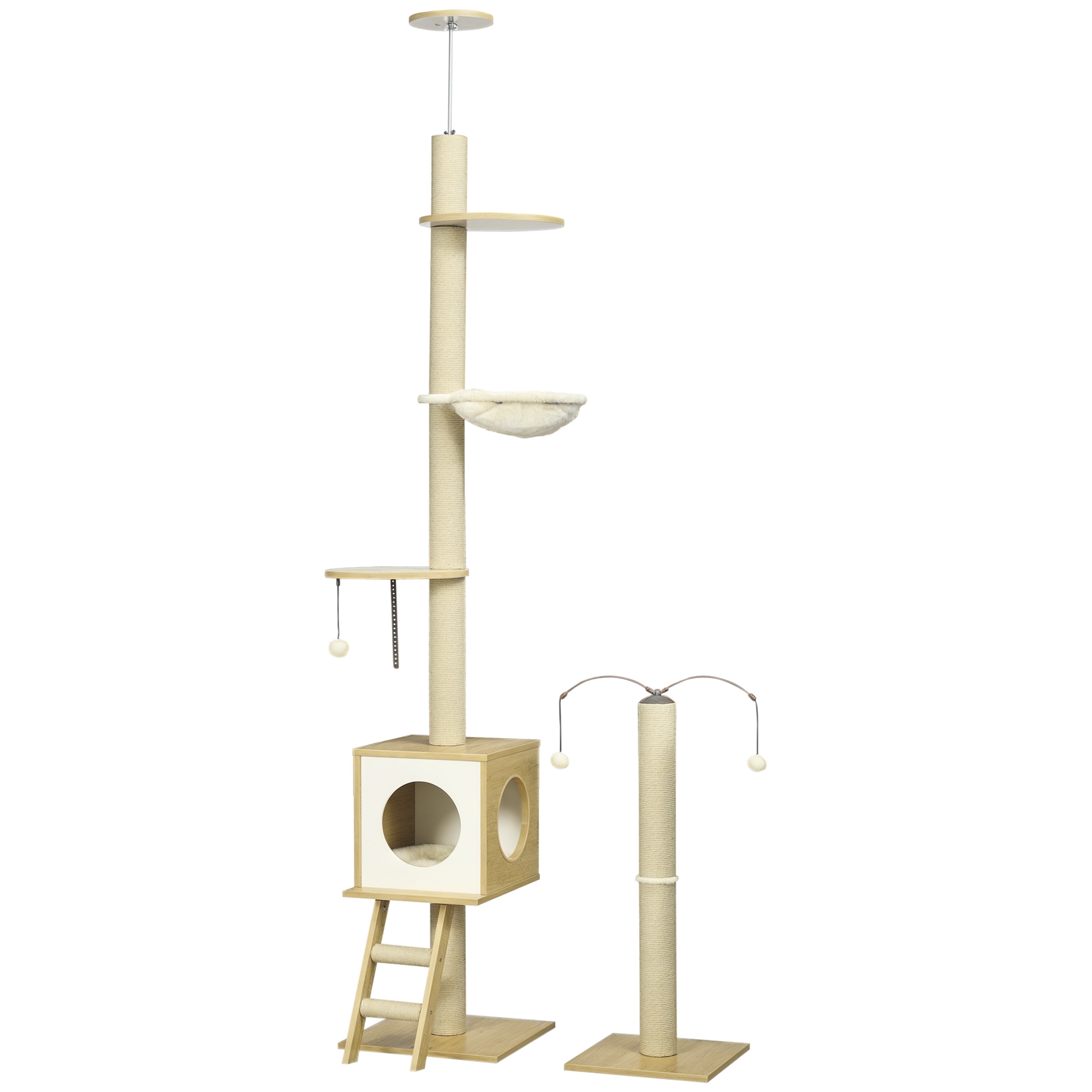 PawHut Árbol para Gatos de Suelo a Techo con Altura Ajustable Juego de Entretenimiento 40x40x225-285 cm Beige Diversión Garantizada | Aosom España