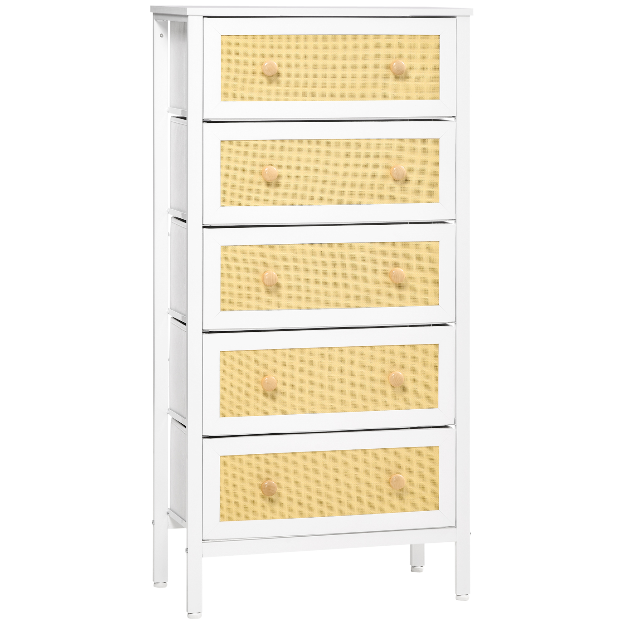 HOMCOM Cómoda de Estilo Cannage Bohemio con 5 Cajones de Tela Plegables Ideal para Dormitorio Salón 62x30x126,5 cm Blanco | Aosom España