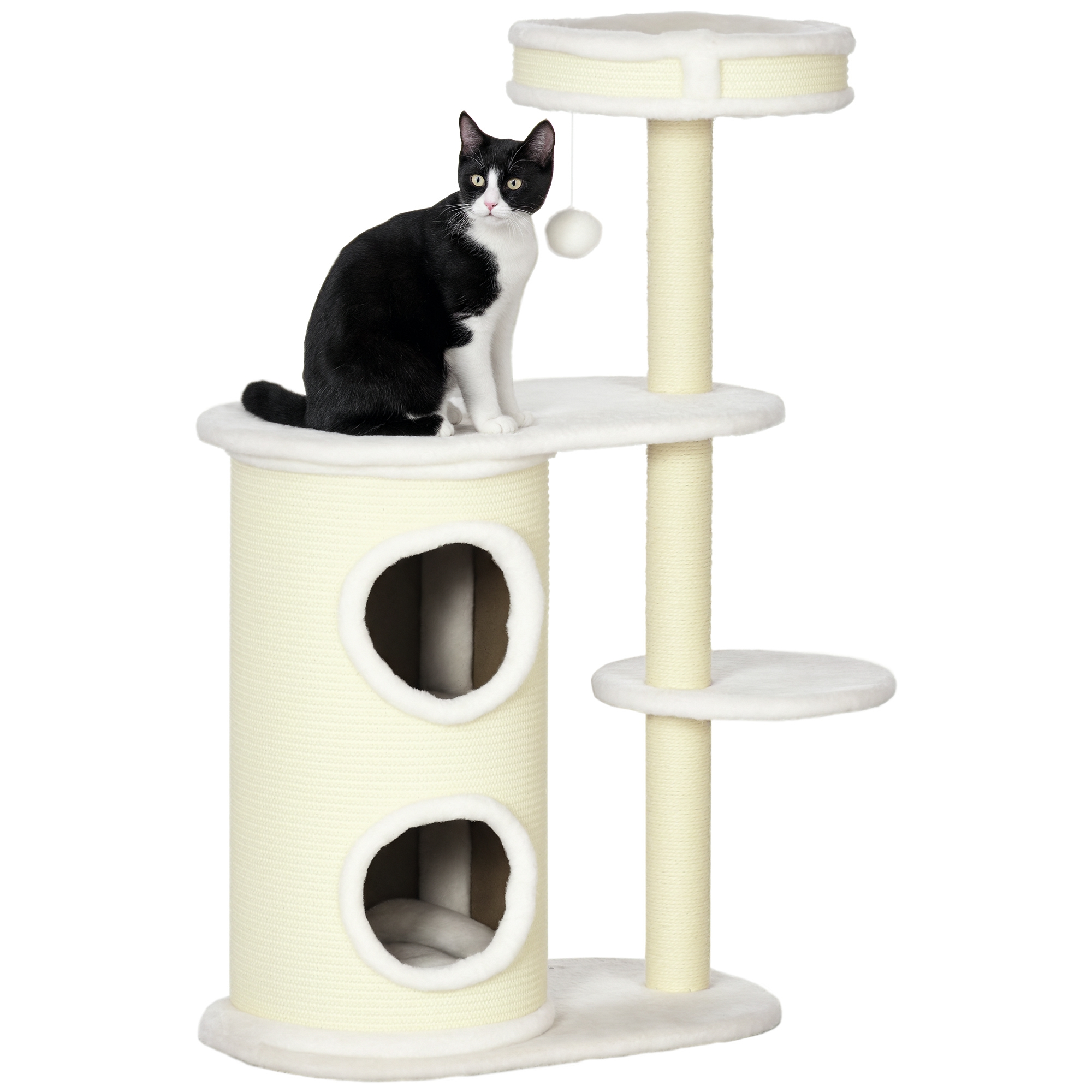 PawHut Kratzbaum stabil mit Kratztonne und waschbaren Kissen, Katzenbaum mit Sisalsäule und Spielball in Cremeweiß Aosom.de