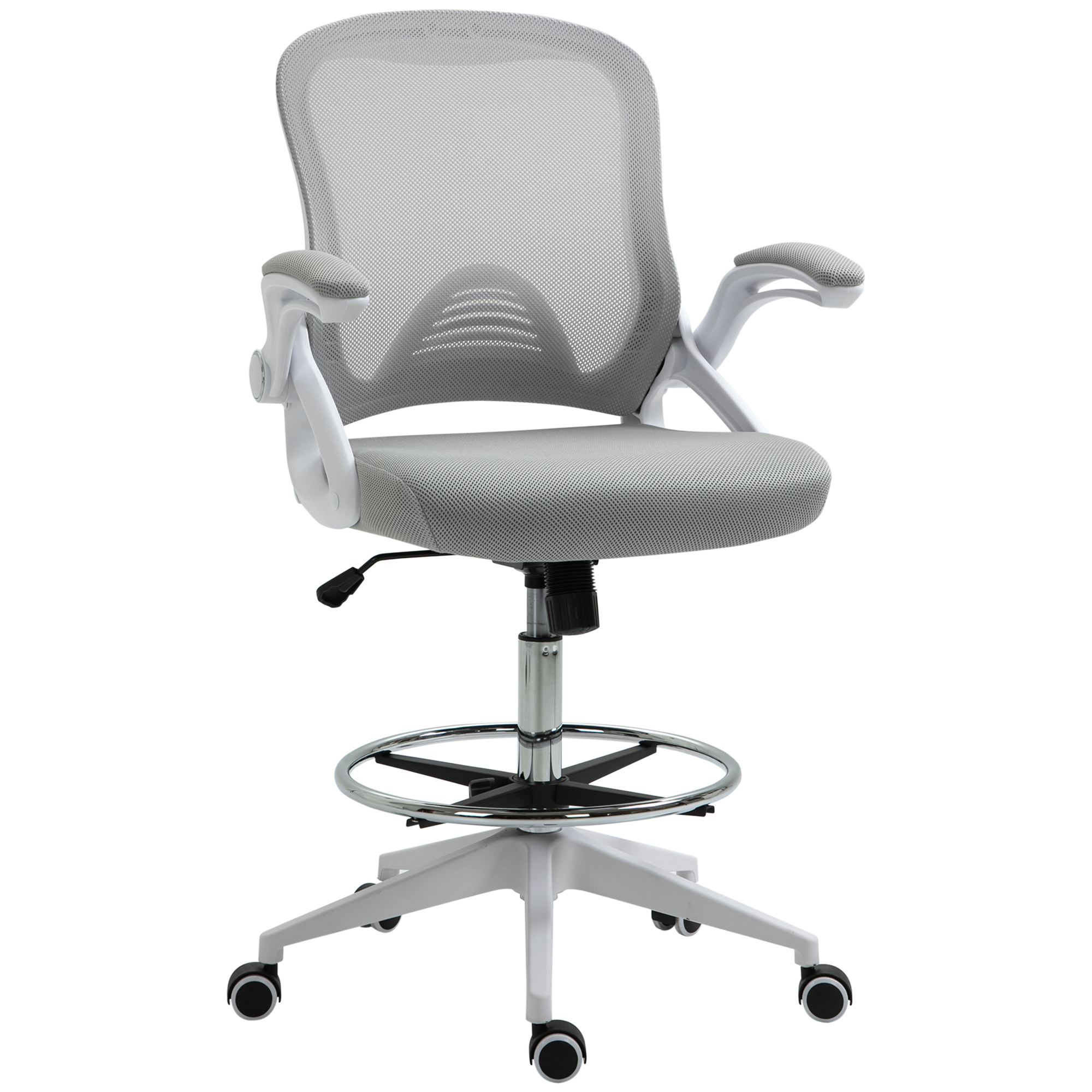 Vinsetto Scaun de birou ergonomic, cu înălțime reglabilă, suport picioare, brațe rabatabile, plasă respirabilă, 360° rotativ, gri/alb | Aosom Romania
