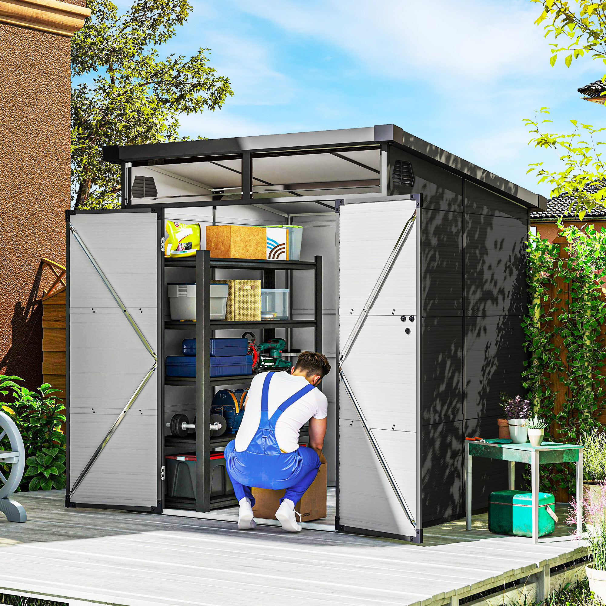 Outsunny 6 x 6ft Outdoor Storage Shed, Plastic Garden Shed with Windows and Air Vents, Outdoor Resin Tool Shed with Latch Doors for Garden, Deck, Dark Grey