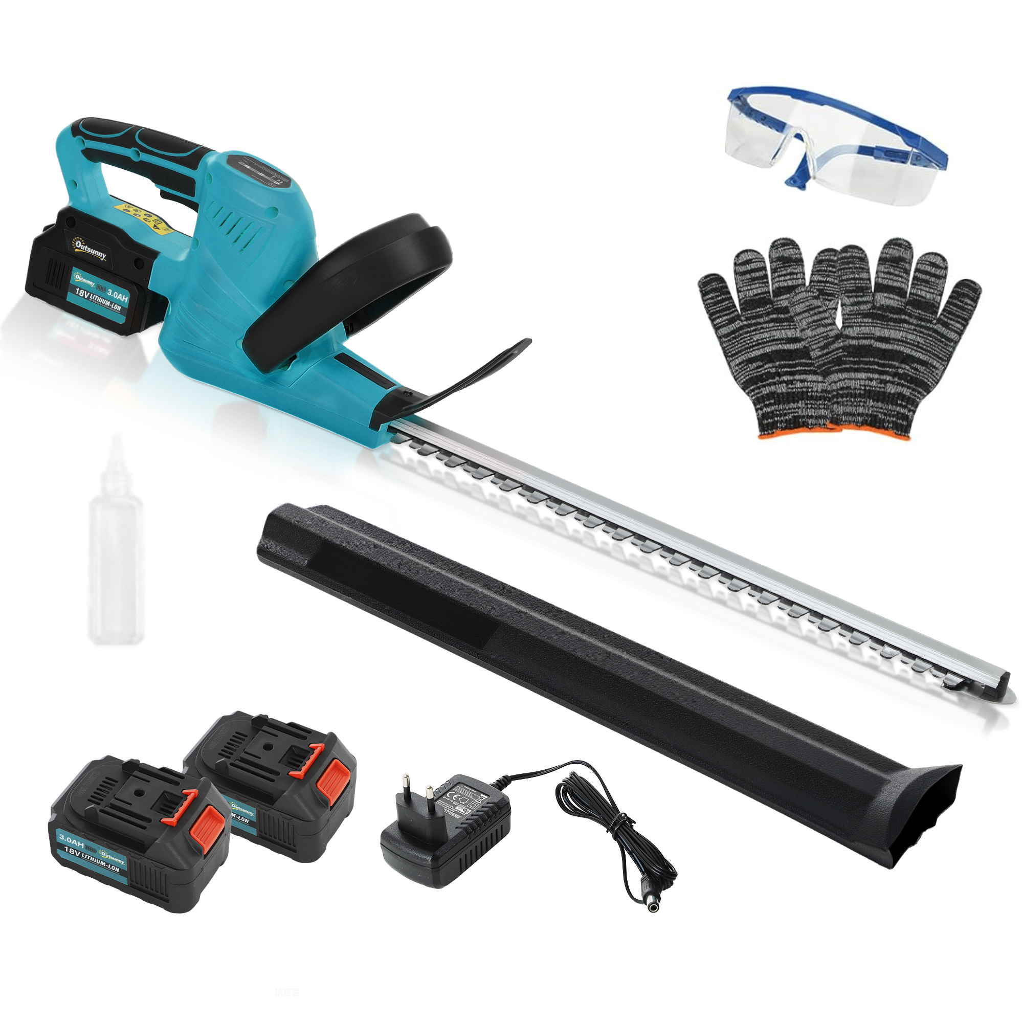 Outsunny Taietor de gard viu electric cu 2 baterii 3 AH si incarcator 0,8A, lungime de taiere 51 cm, 86 x 17 x 17 cm, albastru | Aosom Romania