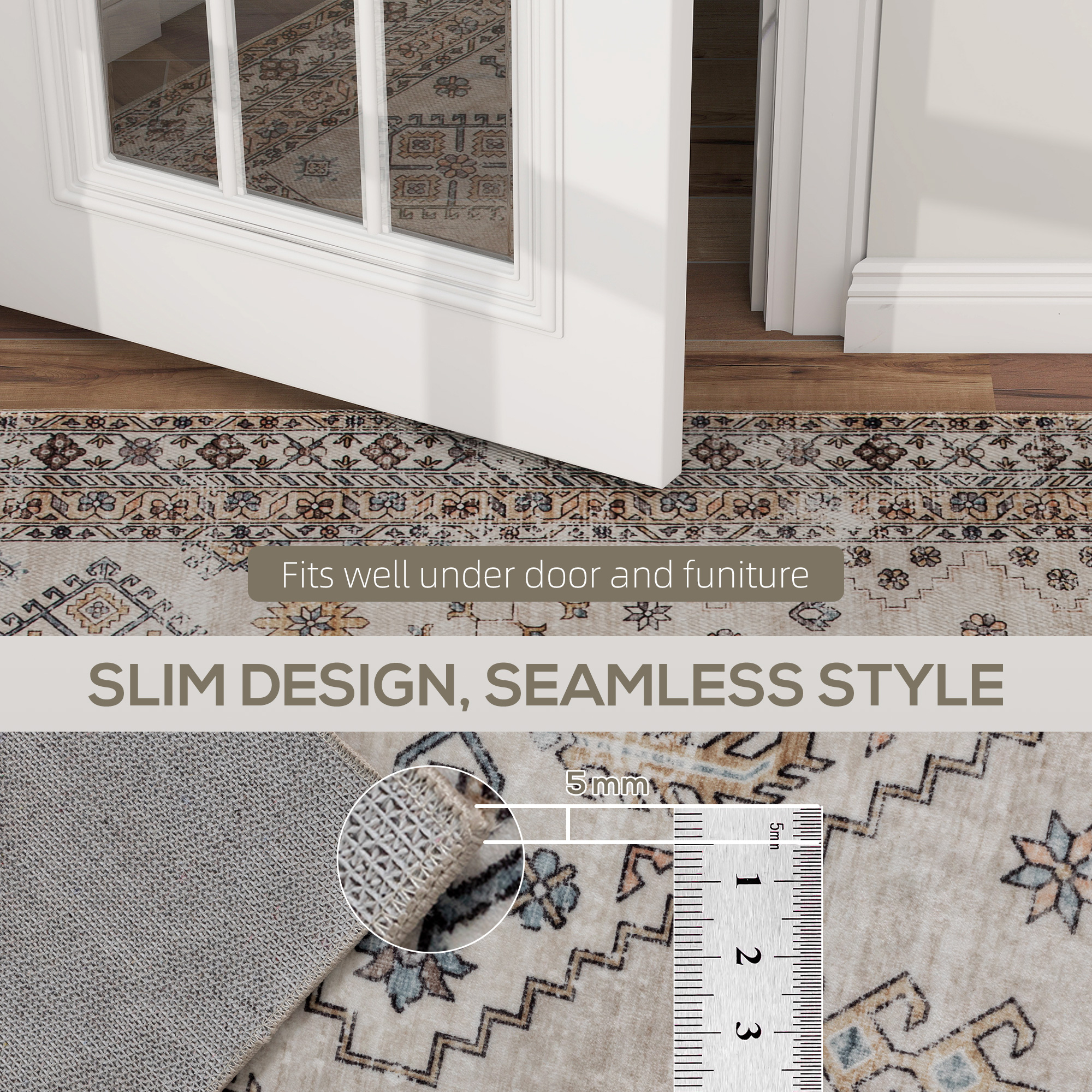 HOMCOM Vintage Area Rug, Non-Slip Washable Rug, Flannel Floor Carpet for Living Room, Bedroom, Dining Room, Home Office, 290 x 200 cm, Beige 6