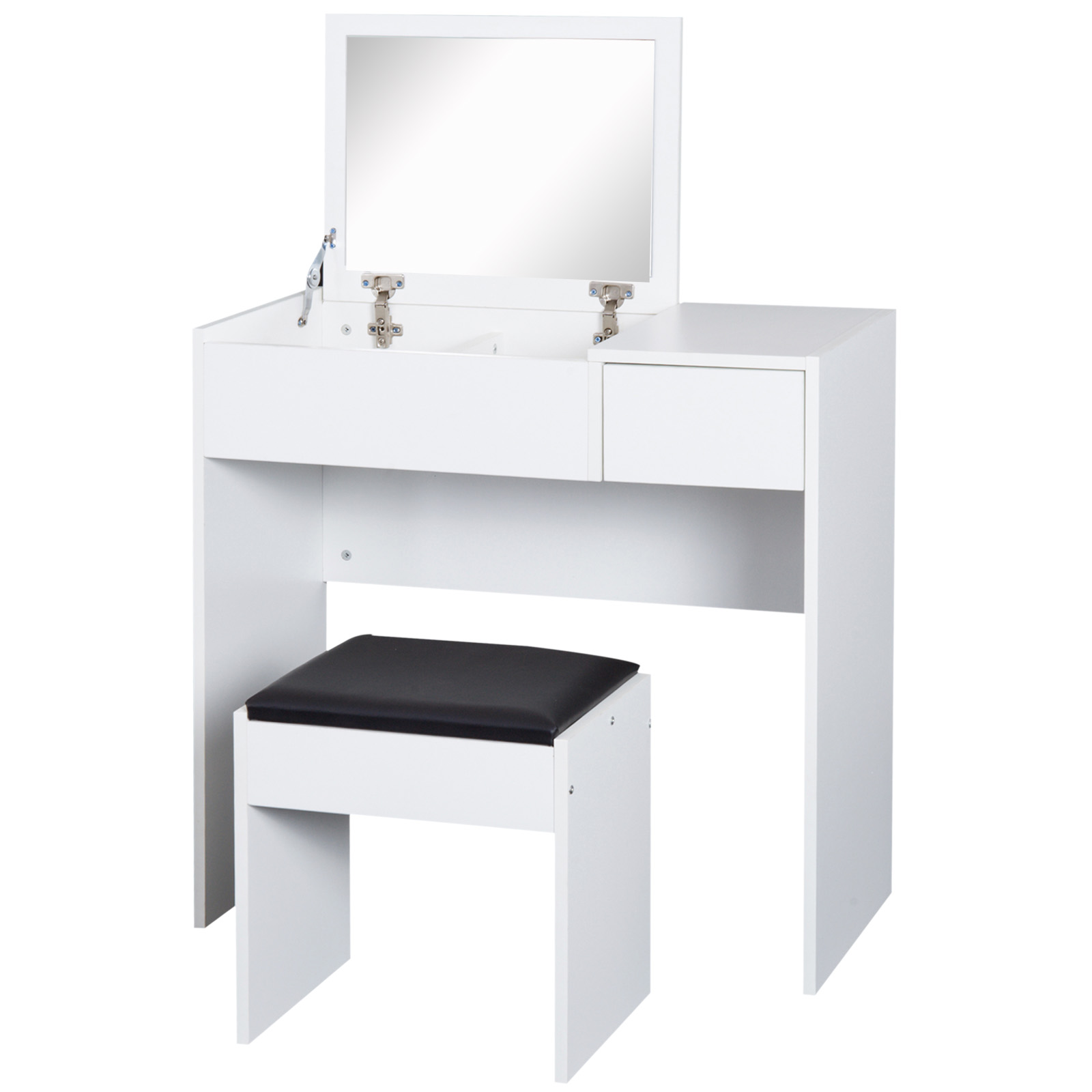 HOMCOM Tocador Compacto con Espejo Abatible y Cajones y Taburete Estilo Minimalista Escritorio Pequeño 80x40x79cm Blanco | Aosom España