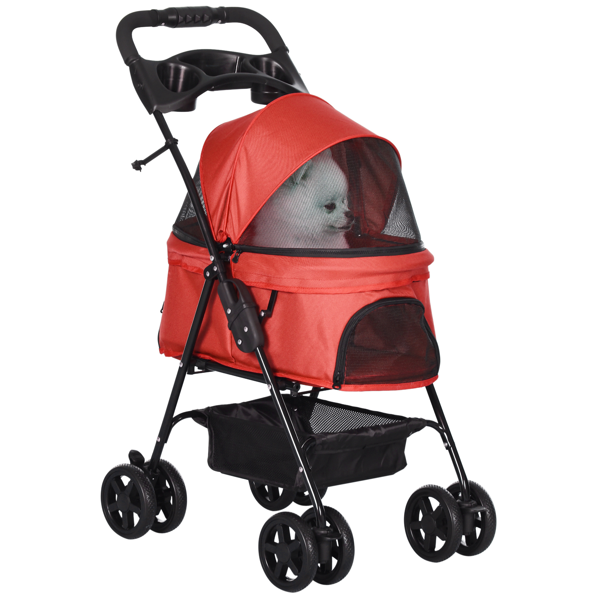 PawHut Cărucior buggy pliabil câine pisică coș depozitare suporturi pahare țesătură Oxford 300D impermeabilă 4 roți roșu | Aosom Romania
