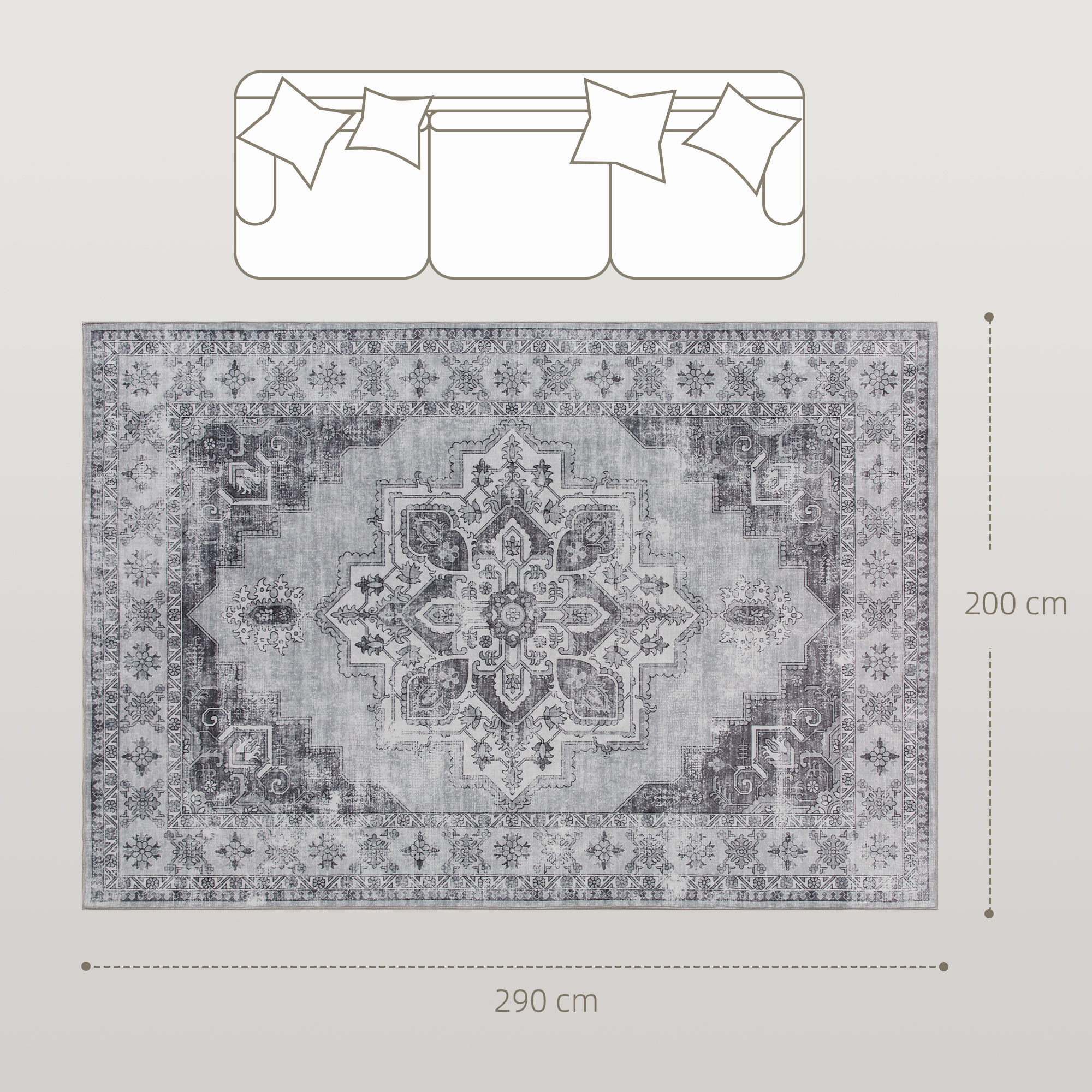HOMCOM Vintage Area Rug, Non-Slip Washable Rug, Flannel Floor Carpet for Living Room, Bedroom, Dining Room, Home Office, 290 x 200 cm, Grey 3