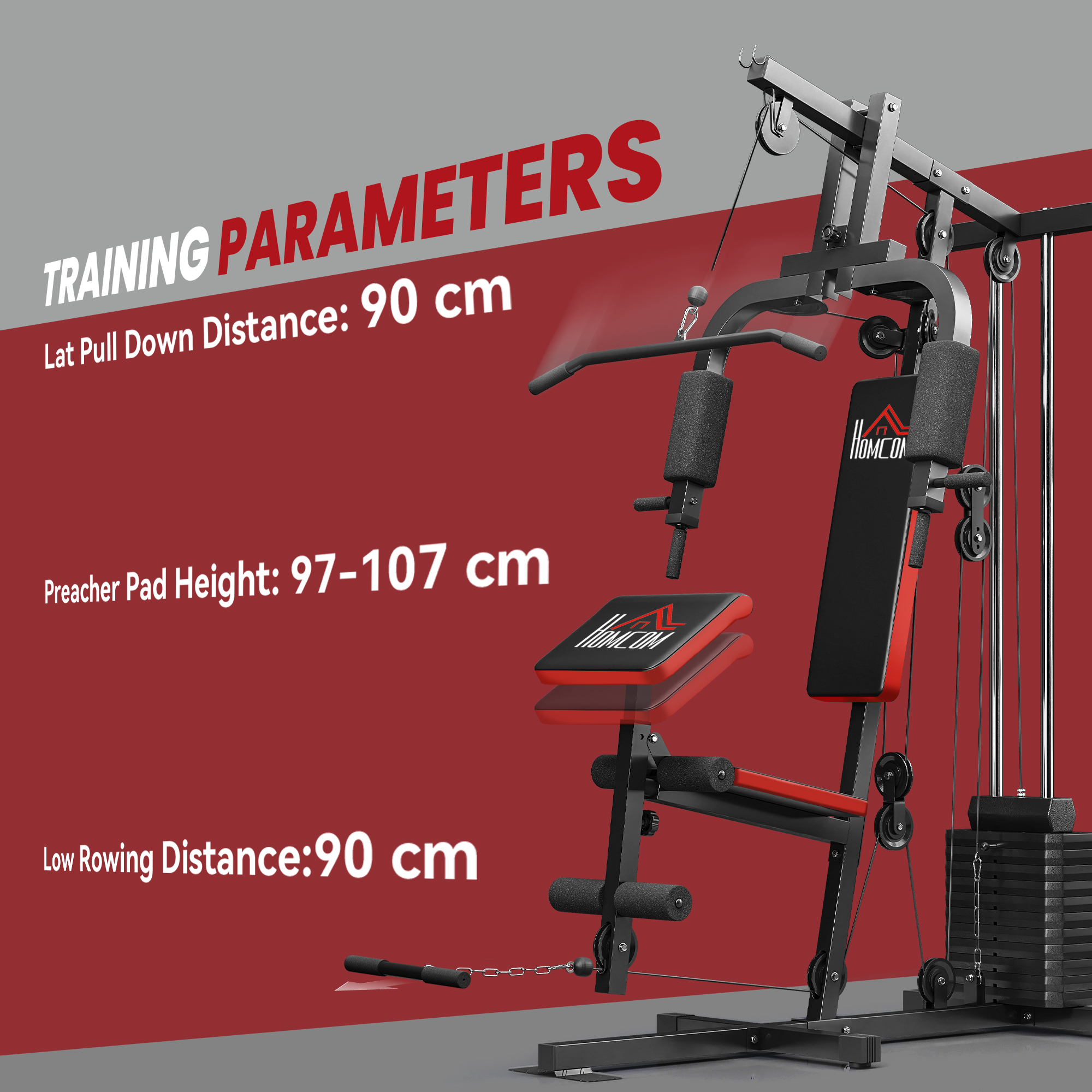 HOMCOM Multigym Station, with 66KG Weight Stack, for Strength Training Red & Black 7