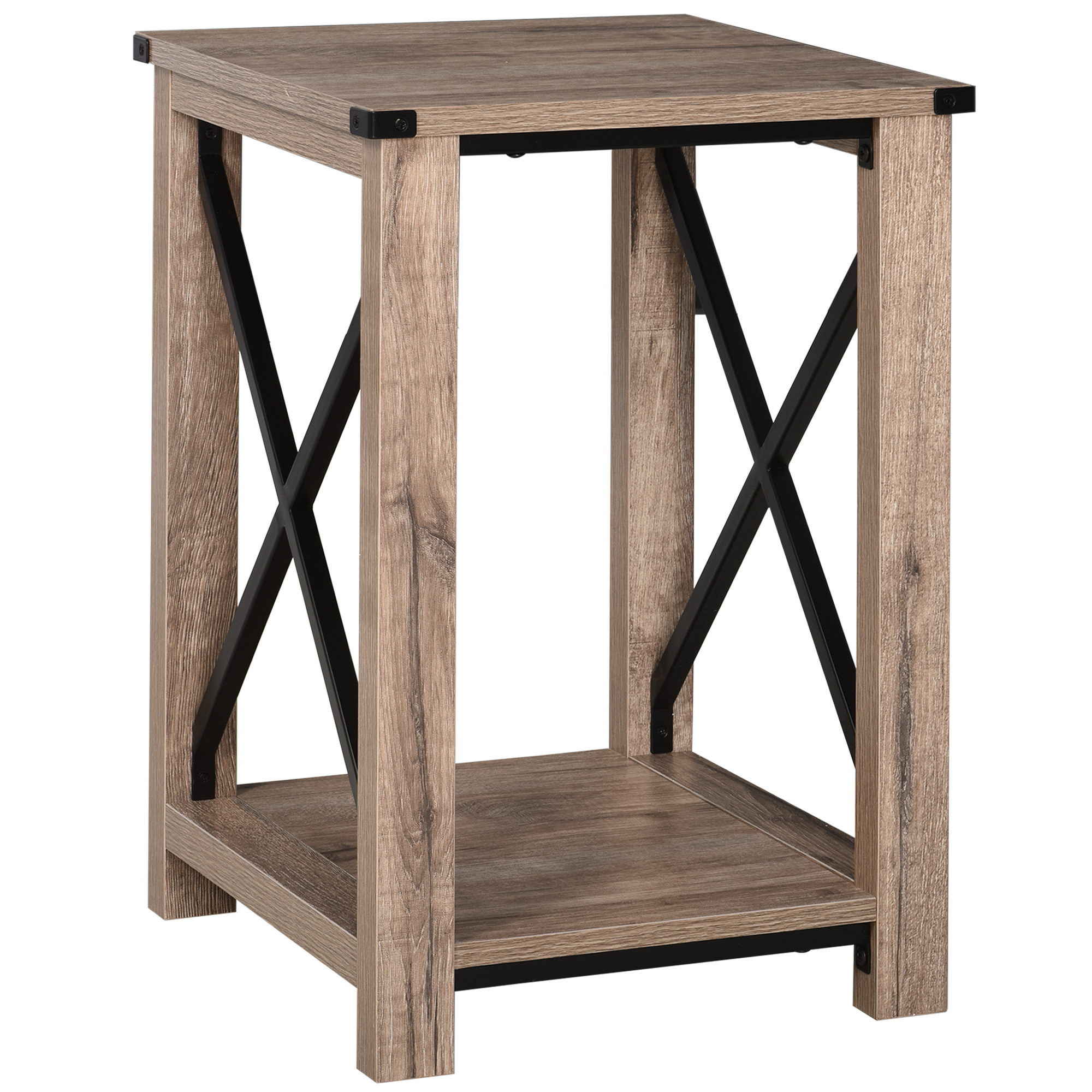 HOMCOM Mesa Auxiliar de Café Estilo Retro Industrial con Estante de Almacenaje Marco de Forma X Roble Versátil | Aosom España