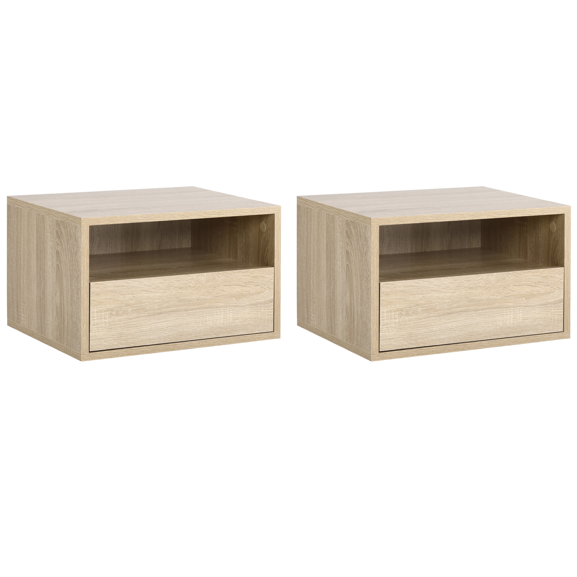 HOMCOM Set de 2 Noptiere murale, Set de 2 Noptiere, Sertar culisant, Nisa, Blat, Panouri Particule Aspect stejar Deschis | Aosom Romania