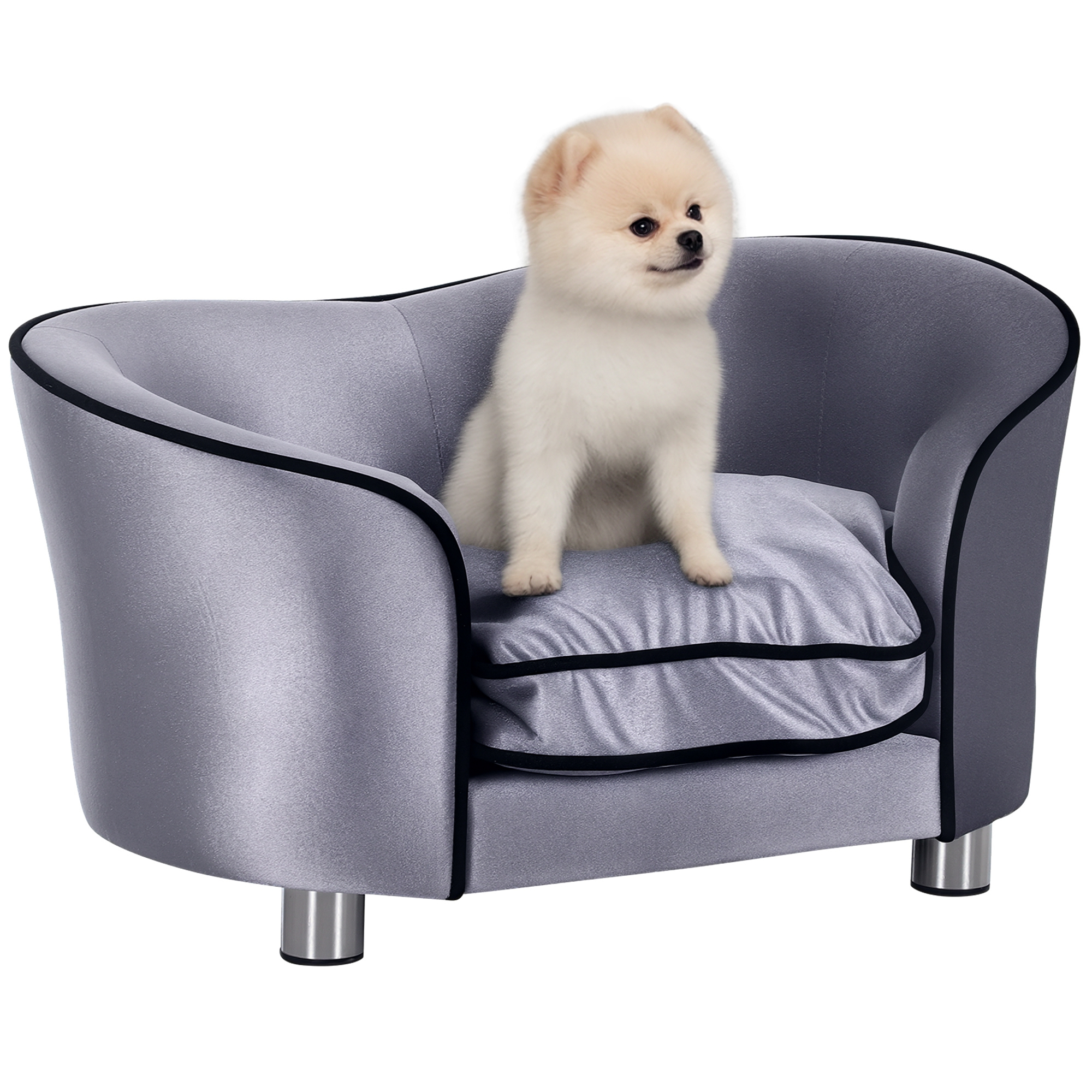 PawHut Hundesofa Luxus Haustiersofa mit Kissen Katzensofa erhöhtes HundebettHundecouch Tierbett Plüsch Tannenholz Hellgrau 69 x 49 x 38 cm   Aosom – PawHut