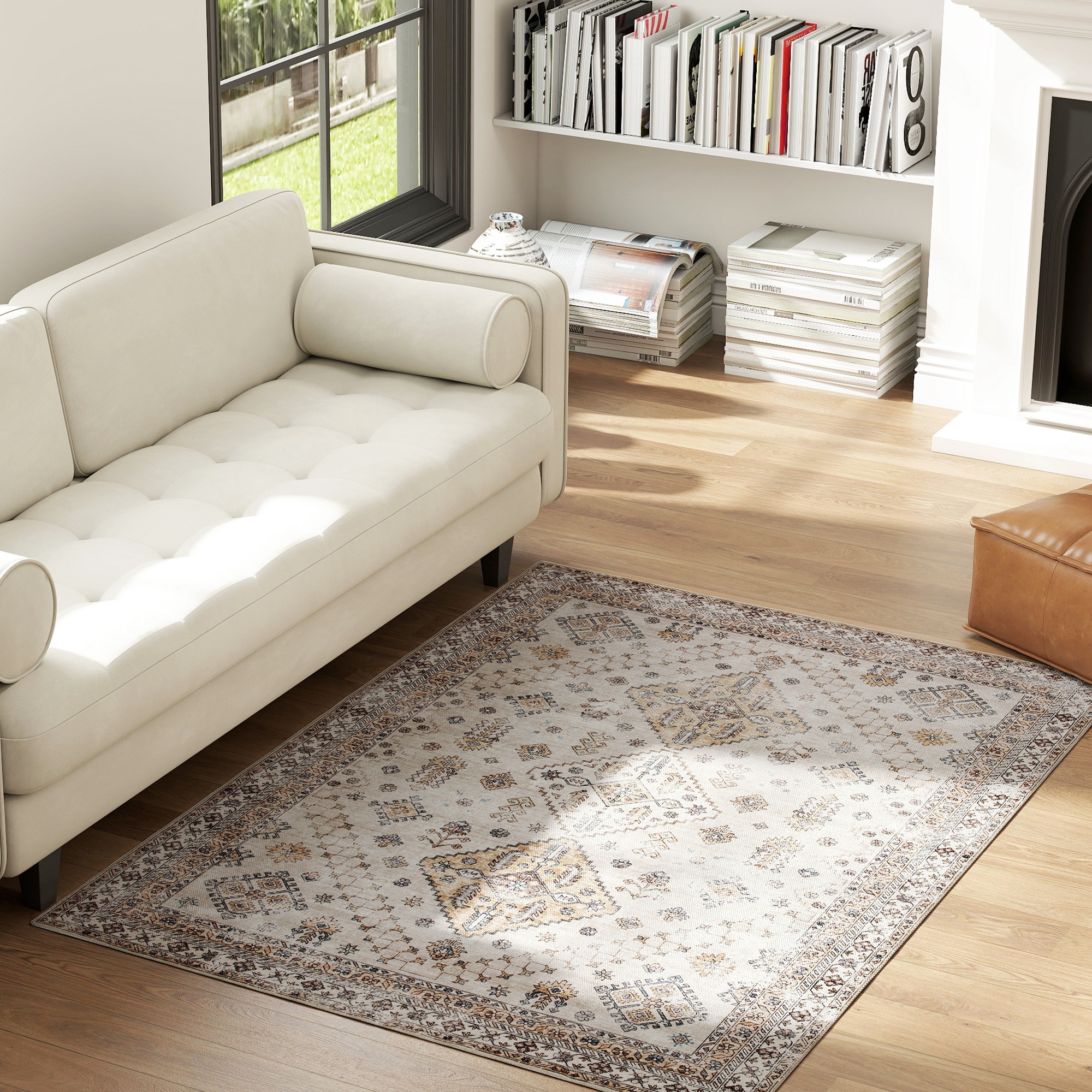HOMCOM Vintage Area Rug, Non-Slip Washable Rug, Flannel Floor Carpet for Living Room, Bedroom, Dining Room, Home Office, 170 x 120 cm, Beige 2