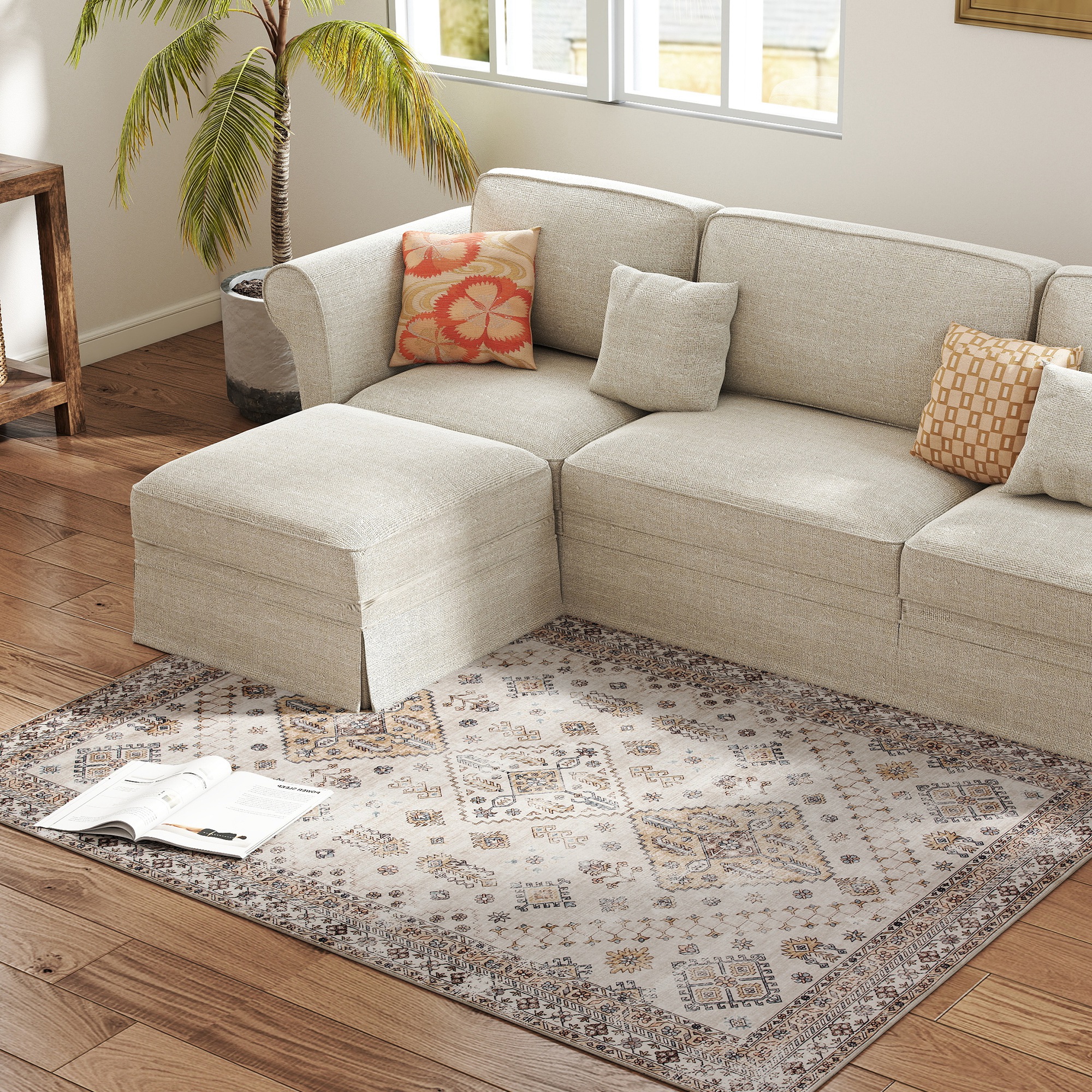 HOMCOM Vintage Area Rug, Non-Slip Washable Rug, Flannel Floor Carpet for Living Room, Bedroom, Dining Room, Home Office, 170 x 120 cm, Beige 8