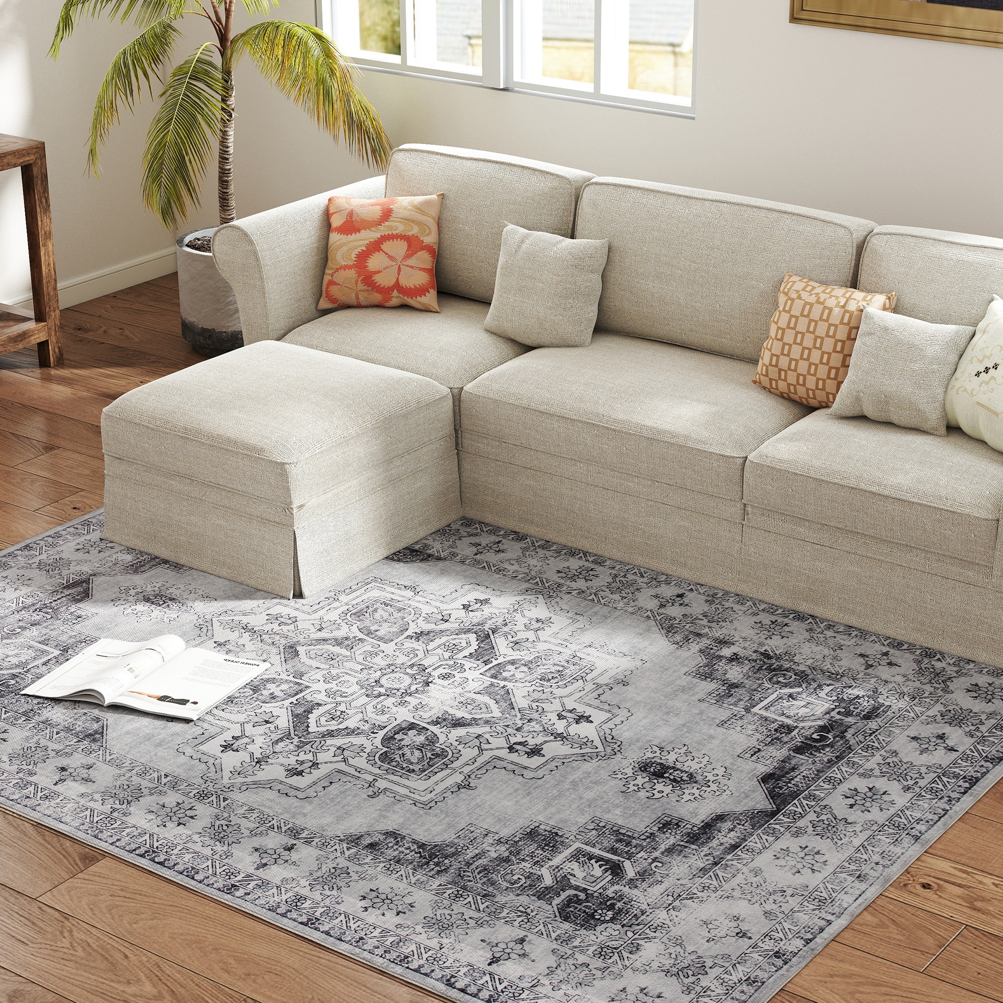 HOMCOM Vintage Area Rug, Non-Slip Washable Rug, Flannel Floor Carpet for Living Room, Bedroom, Dining Room, Home Office, 230 x 160 cm, Grey 8