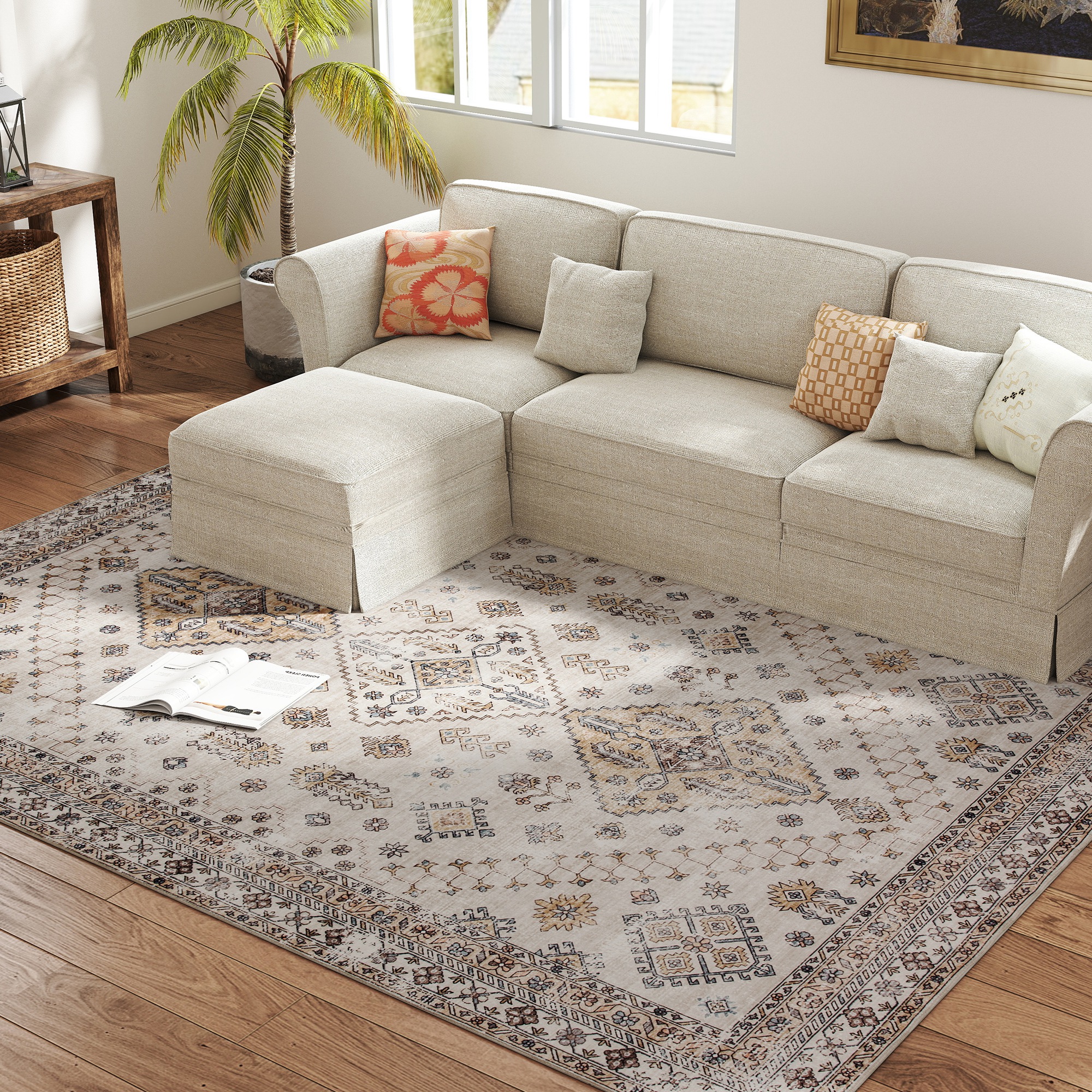 HOMCOM Vintage Area Rug, Non-Slip Washable Rug, Flannel Floor Carpet for Living Room, Bedroom, Dining Room, Home Office, 290 x 200 cm, Beige 7