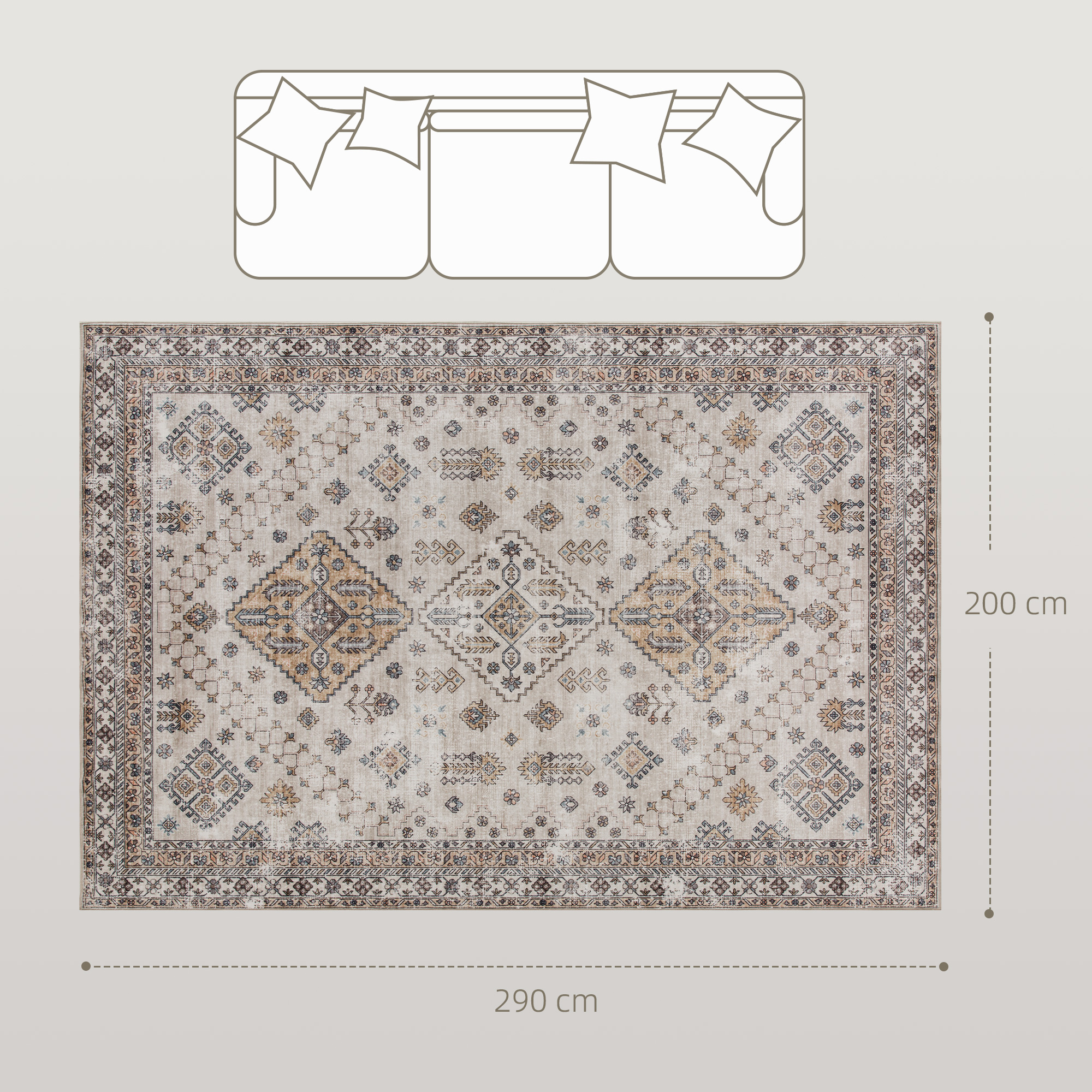 HOMCOM Vintage Area Rug, Non-Slip Washable Rug, Flannel Floor Carpet for Living Room, Bedroom, Dining Room, Home Office, 290 x 200 cm, Beige 3