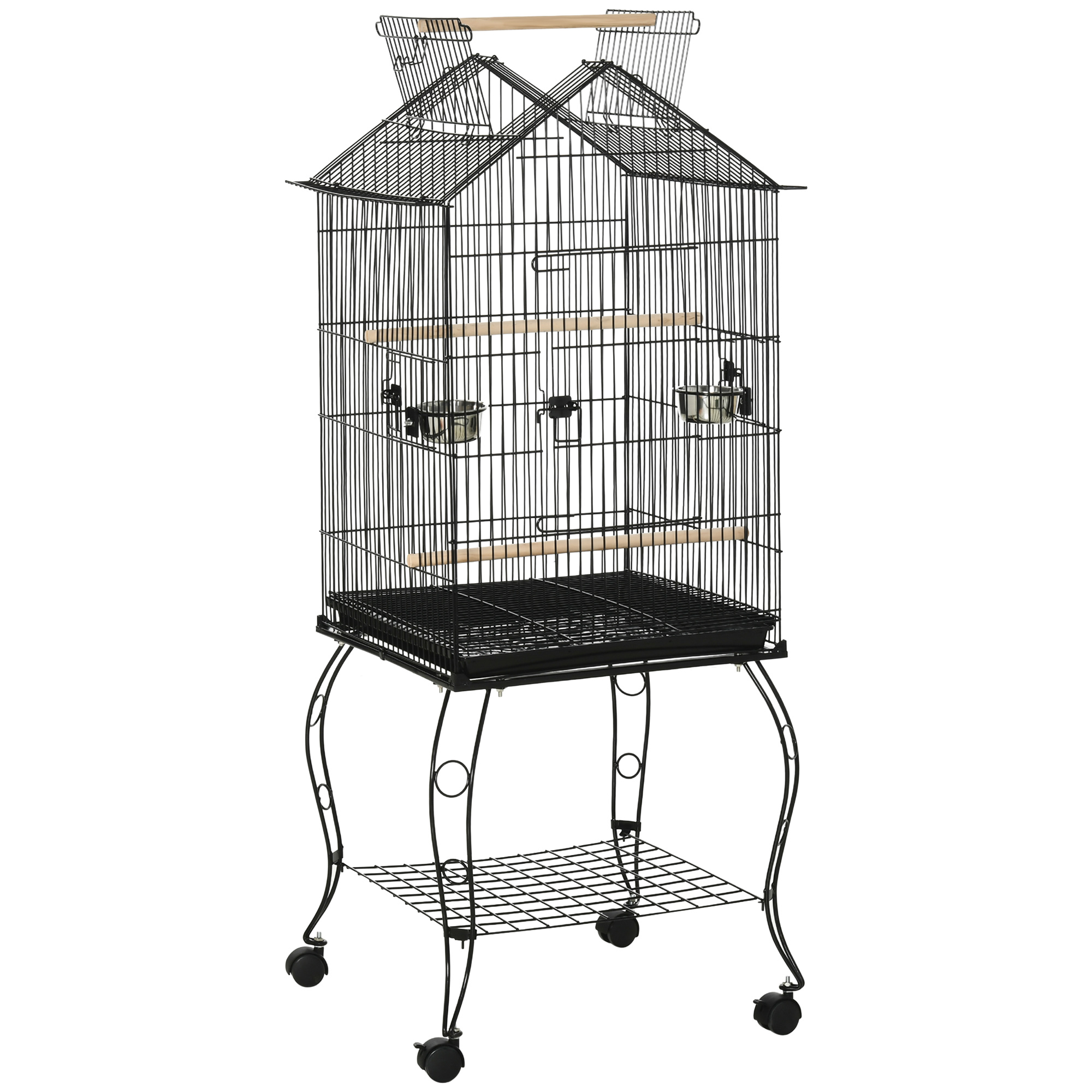 PawHut Jaula de Pájaros con Soporte Ruedas Bandeja Extraíble y Comederos para Canarios Periquitos 50x58x137-145 cm Negro | Aosom España