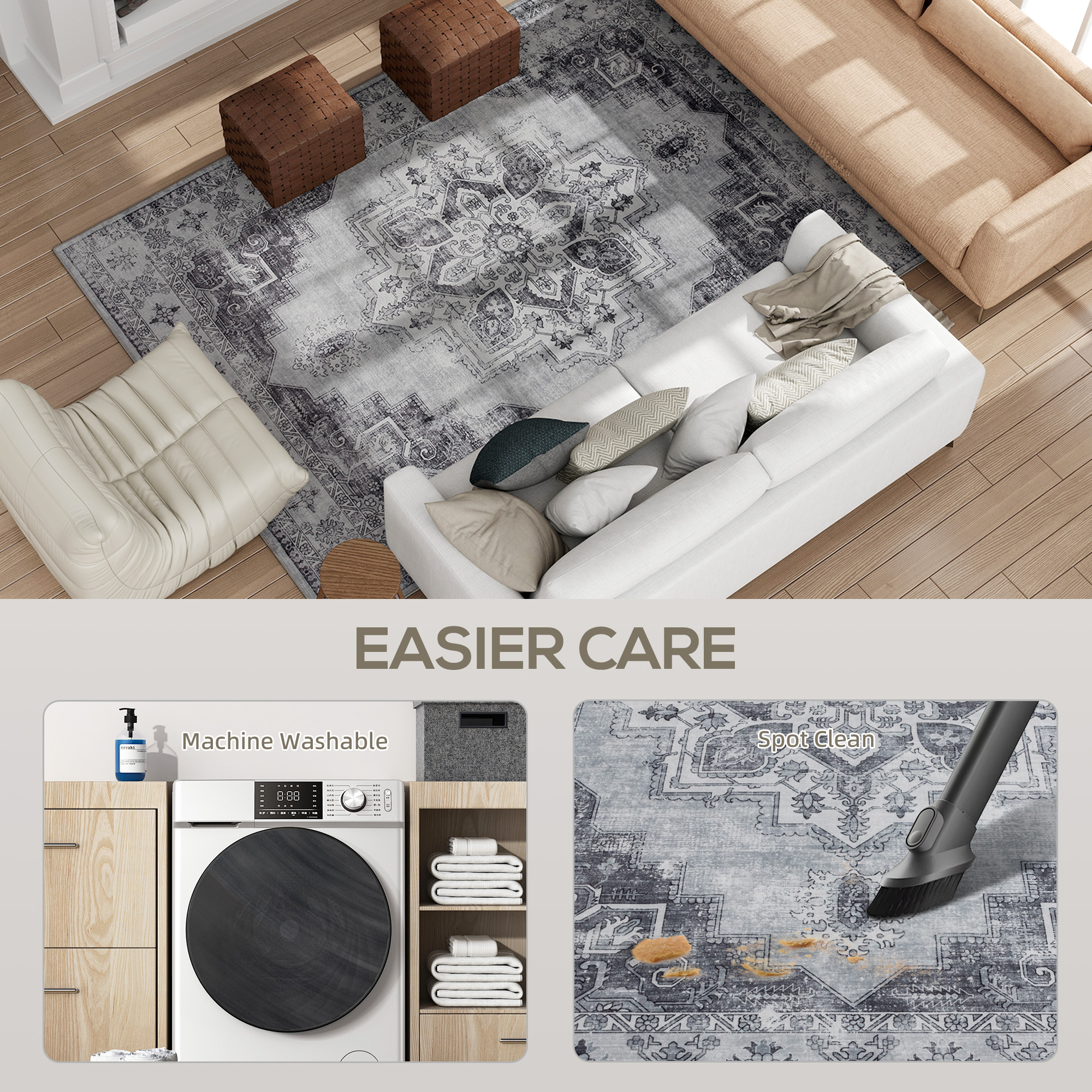 HOMCOM Vintage Area Rug, Non-Slip Washable Rug, Flannel Floor Carpet for Living Room, Bedroom, Dining Room, Home Office, 290 x 200 cm, Grey 5