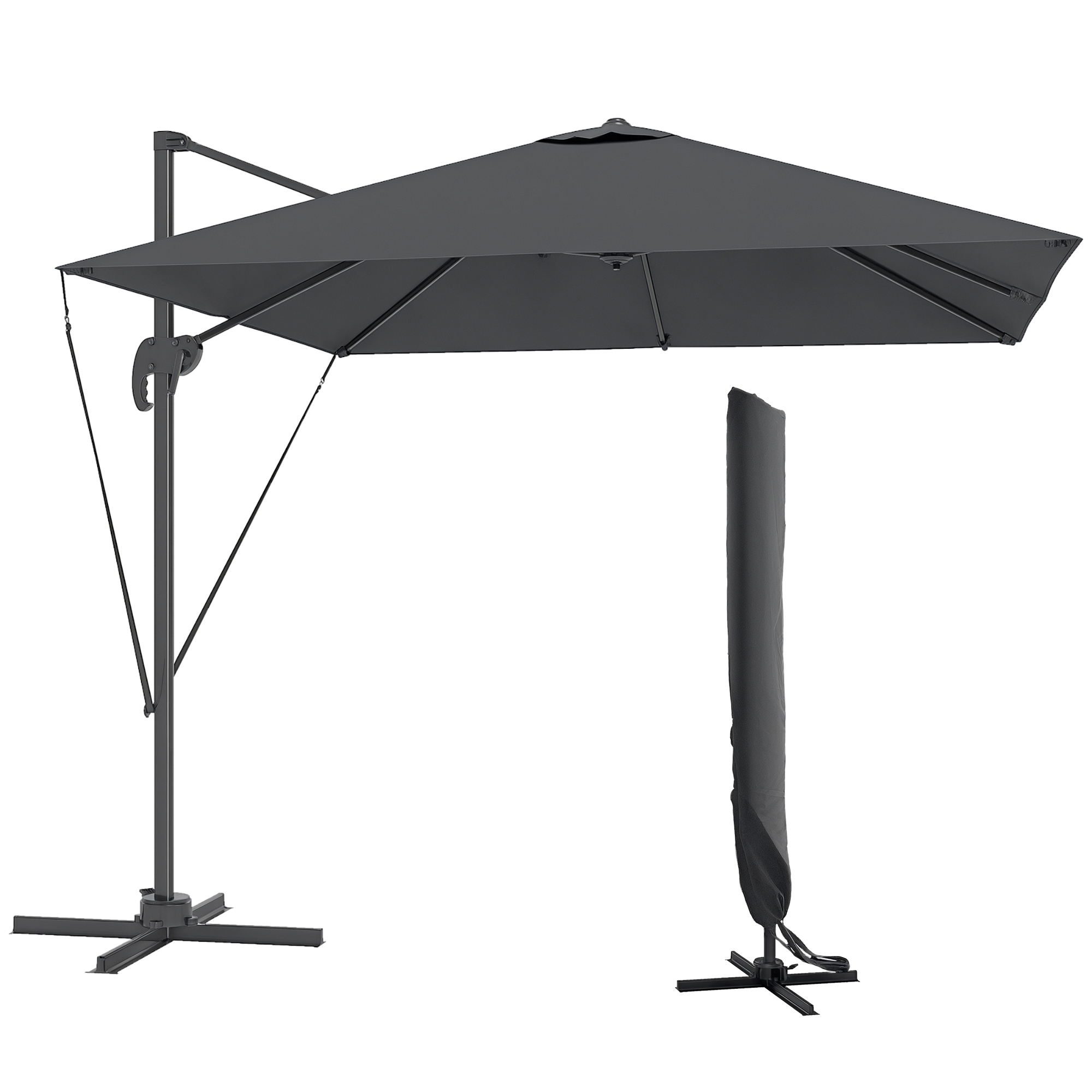 Outsunny Umbrelă de Grădină cu Manivelă Înclinabilă, Braț Lateral și Bază Rotativă, 244x244x255 cm, Gri Închis | Aosom Romania