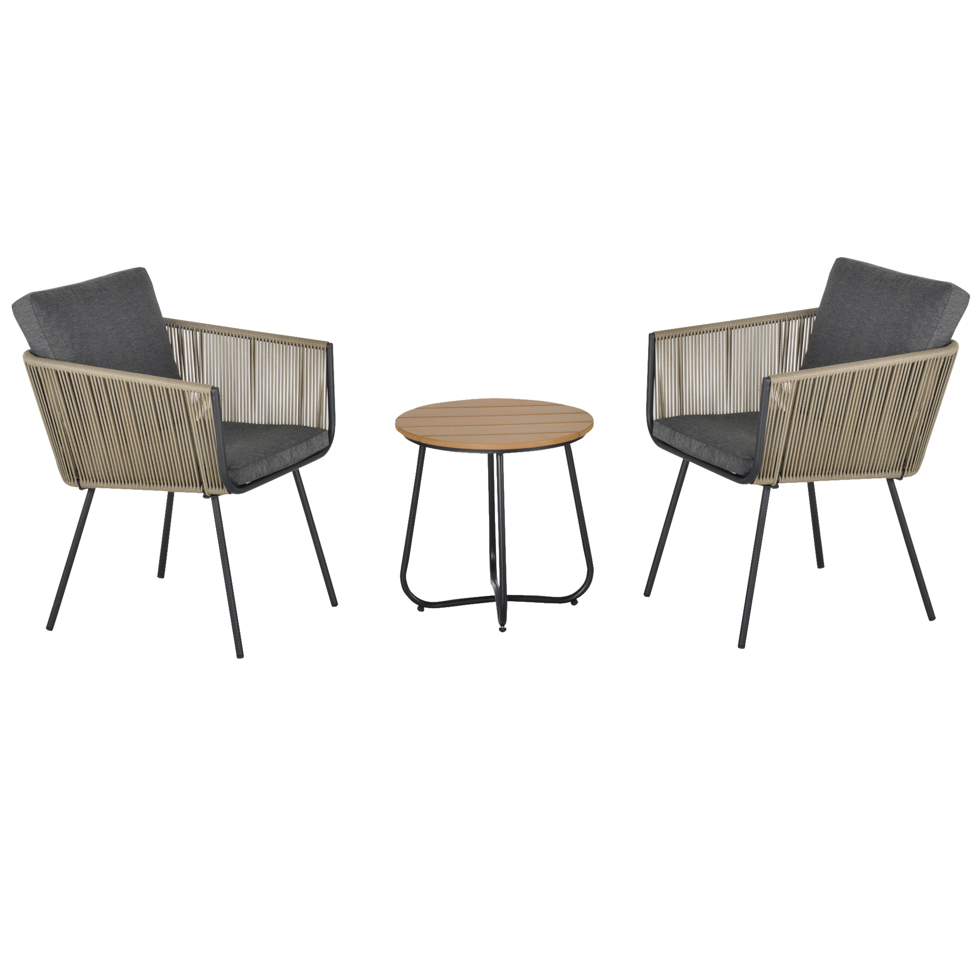 Outsunny Conjunto de Muebles de Ratán 1 Mesa Redonda y 2 Sillas Butaca con Cojines Acolchados para Jardín Balcón Acero Caqui y Gris | Aosom España