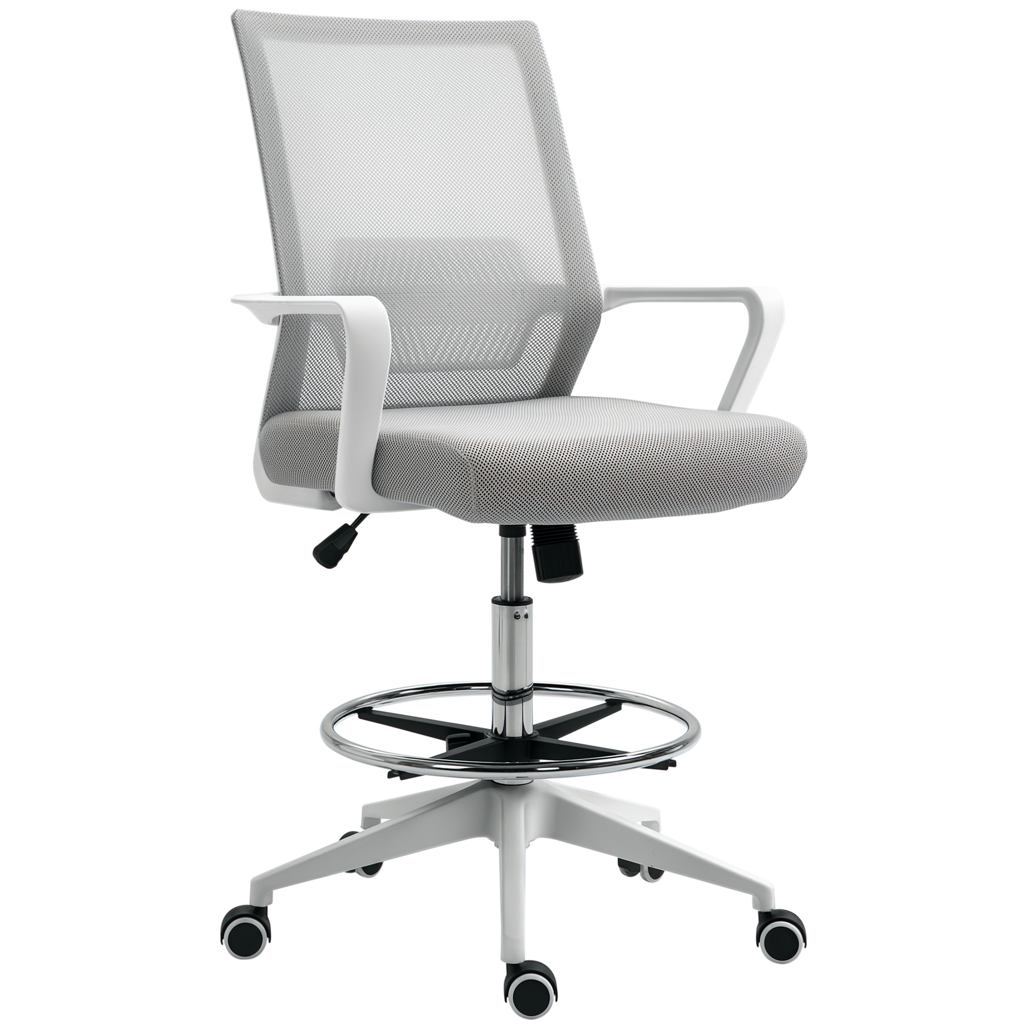 Vinsetto Scaun birou cu șezut înalt reglabil, pivotant 360°, plasă respirabilă, gri/alb, 64x59x104-124 cm | Aosom Romania